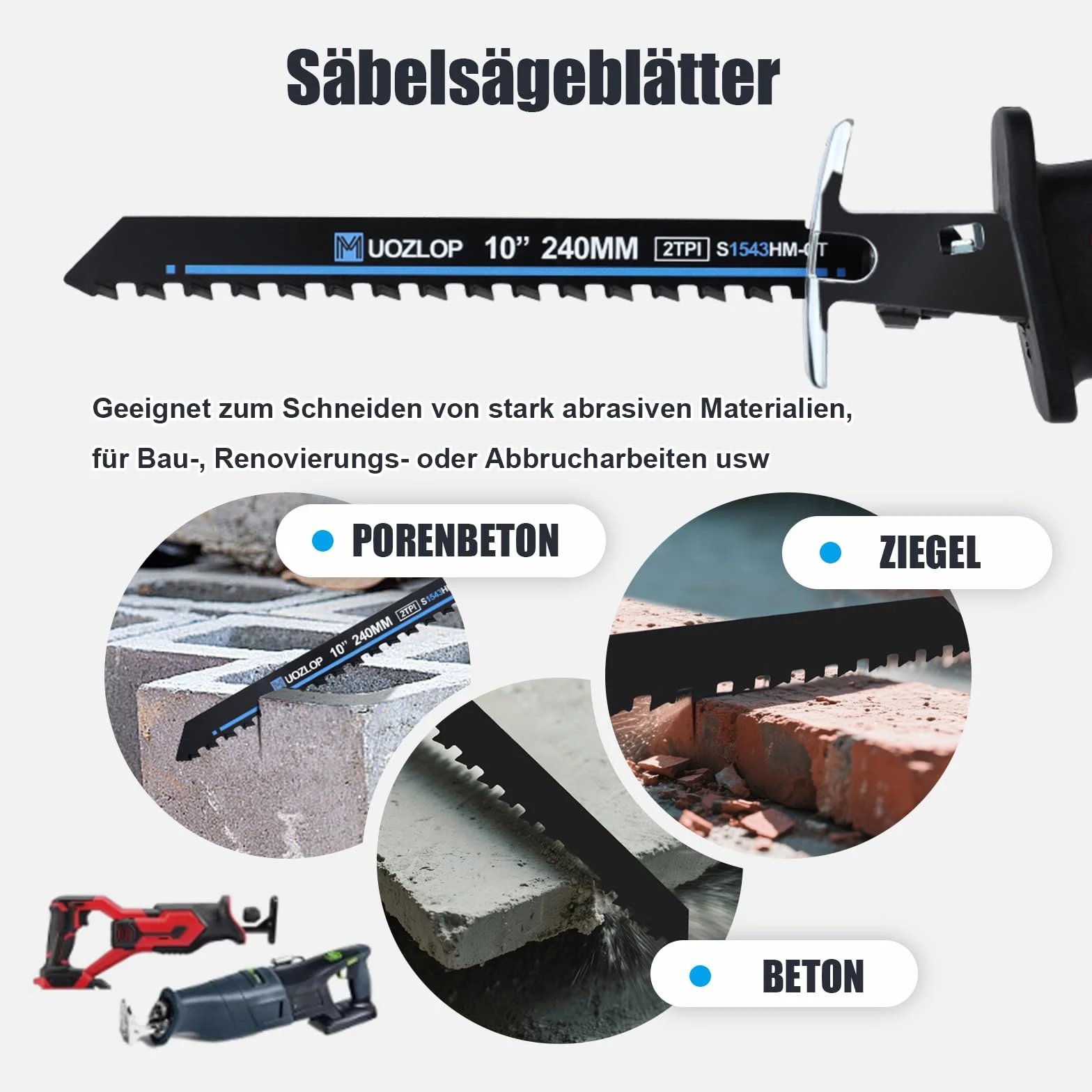 Brzeszczoty do piły szablastej 240 mm 3 sztuki z twardego metalu do cegły betonu