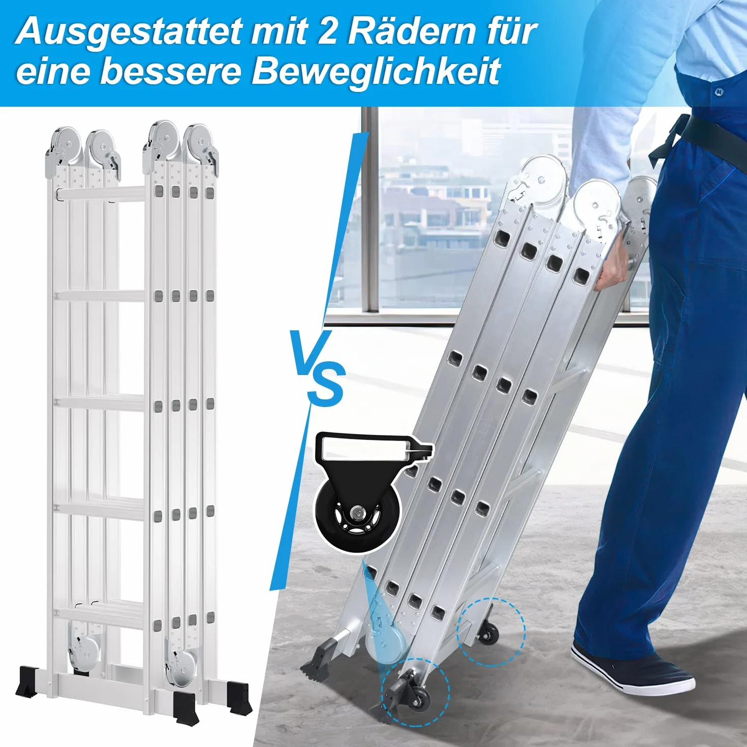 5,8 m aluminiowa drabina wielofunkcyjna z platformą, 2 płytami rusztowania, do 150 kg, 20 stopni, srebrna