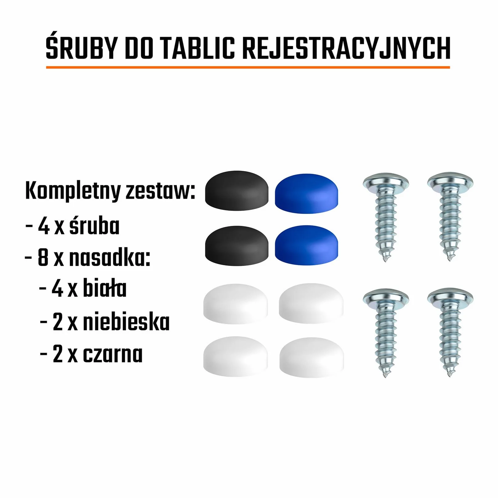 Zestaw 4 śrub do tablicy rejestracyjnej 4,8 x 16 mm z zaślepkami mocowanie