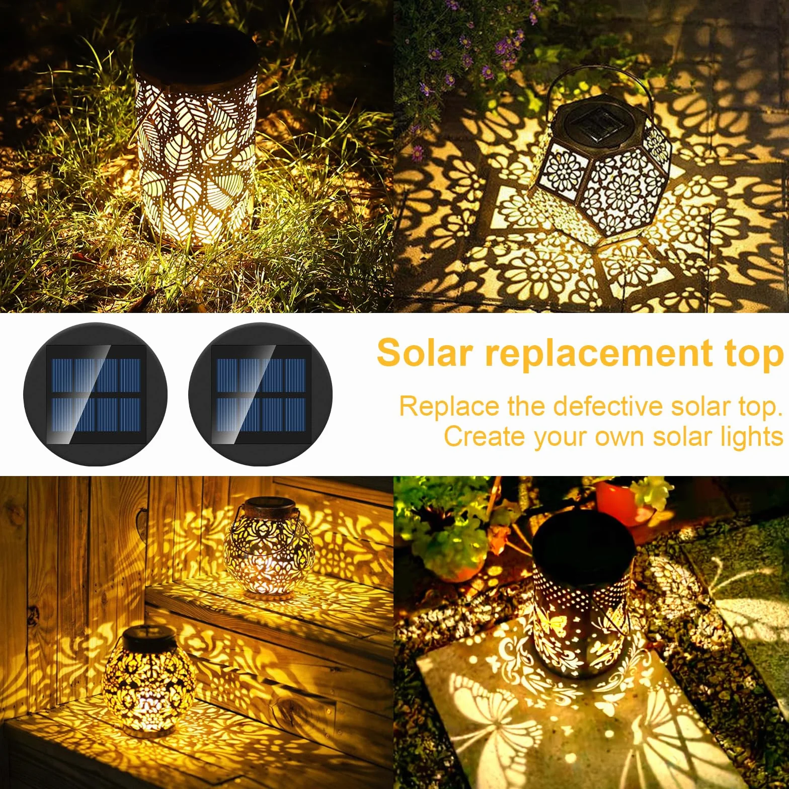 Zestaw 4 lamp solarnych, części zamienne, 8 cm, górna część z jasnymi żarówkami LED, wodoszczelność IP65, panel słoneczny, zamiennik modułu solarnego do lamp ogrodowych, solarnych (2)