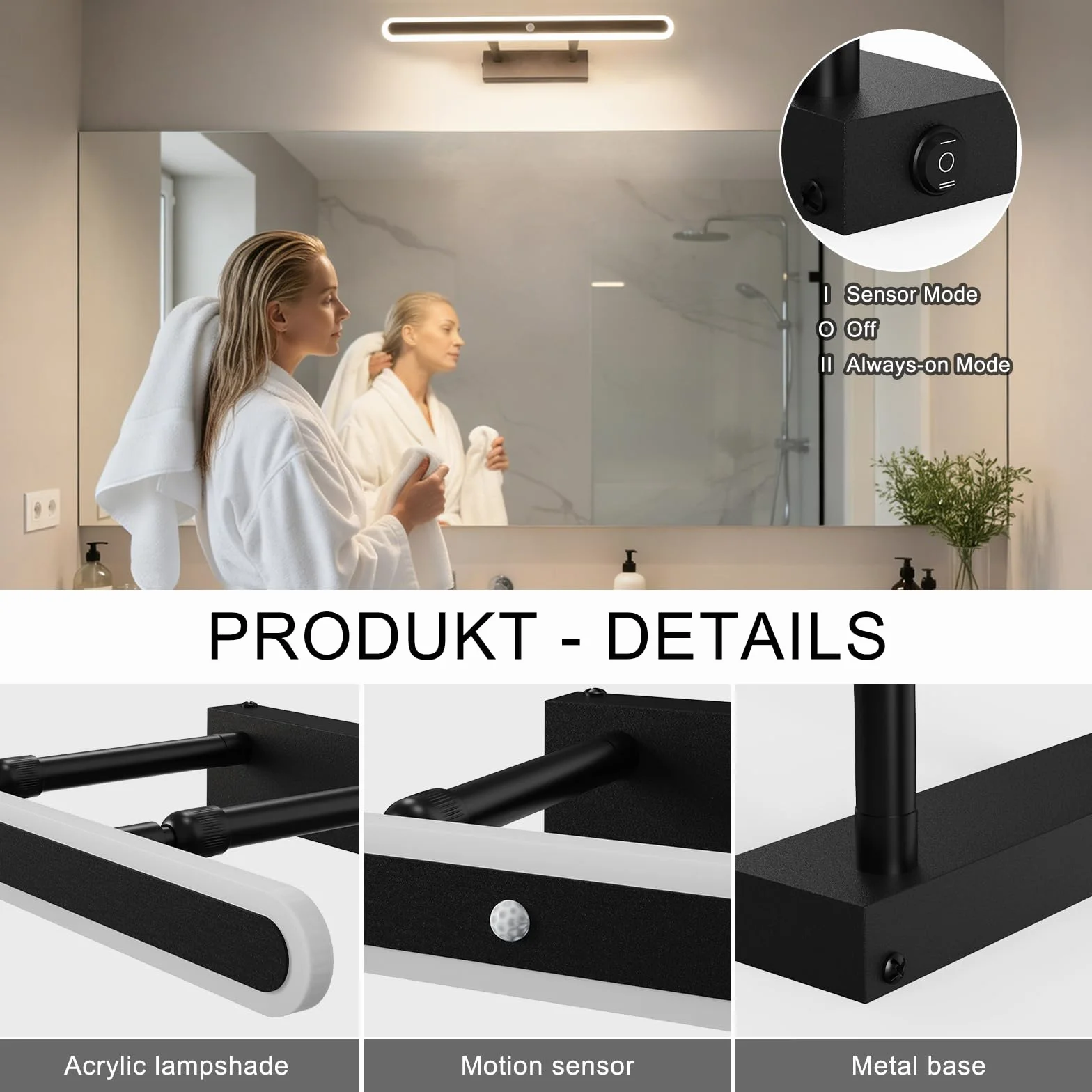 Lampa łazienkowa na lustro łazienkowe z przełącznikiem, 40 cm, lampa nad lustro, 4000 K, IP44, obracana o 180°, lampa łazienkowa, 17-25 cm, wysuwana, oświetlenie szafki z lustrem, czarna