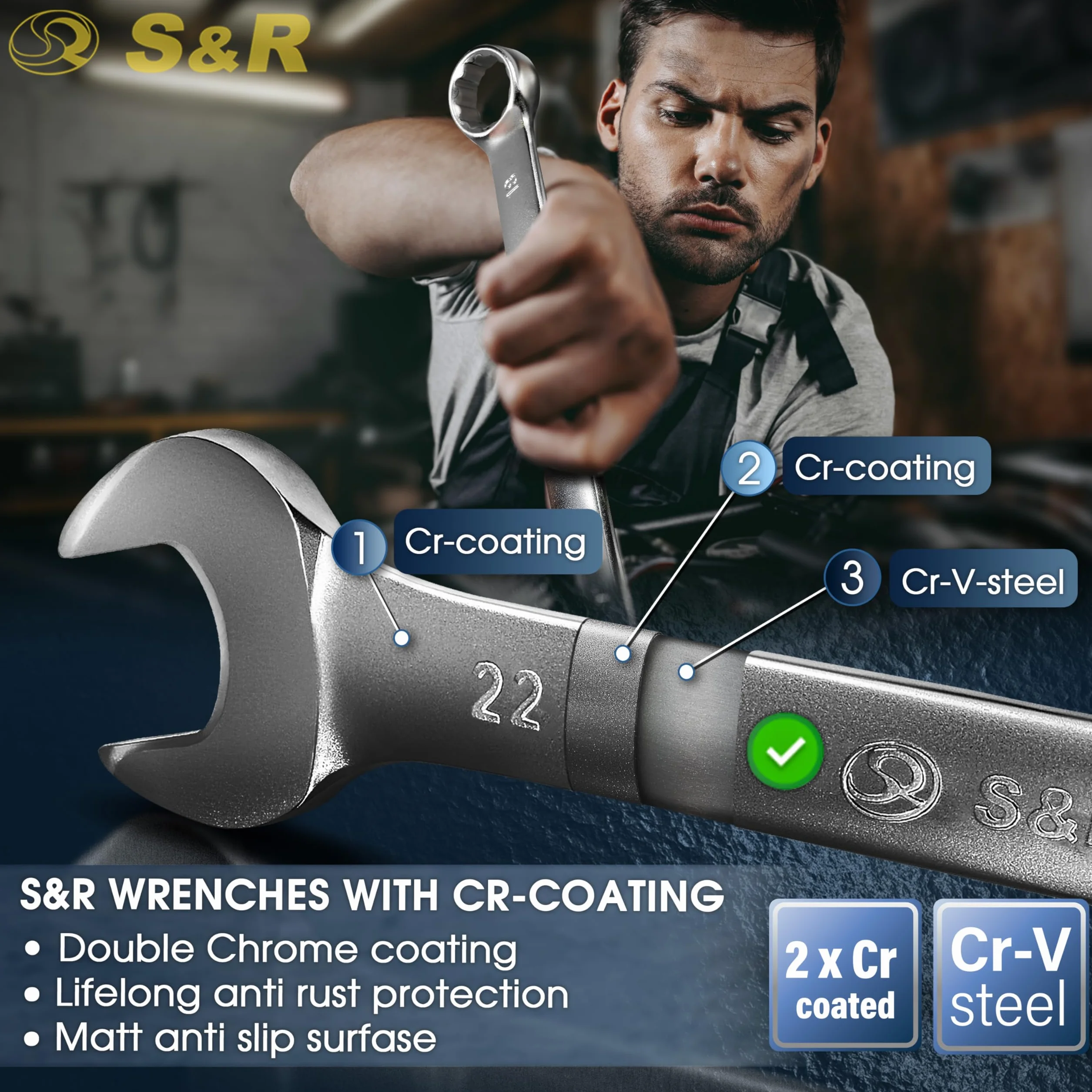 S&R 15-częściowy zestaw kluczy płasko-oczkowych 6-22 mm Master Cr-V kute hartowane