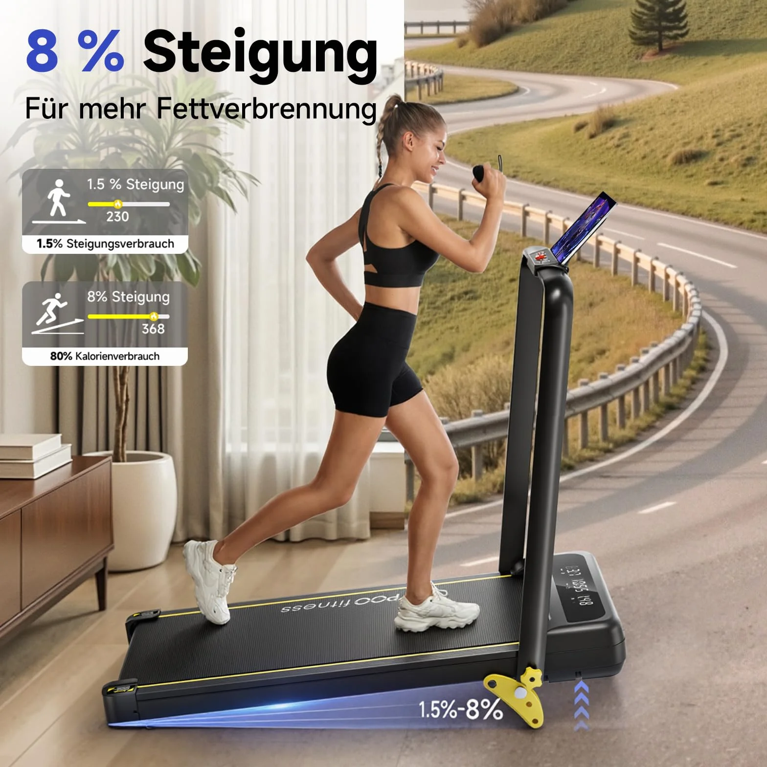 YPOO Bieżnie do domu ze składanym nachyleniem, cicha 2.5HP, bieżnia do biura maksymalne obciążenie 140 kg, podkładka do chodzenia pochylona z uchwytem bieżnia biurko zdalnego sterowania i aplikacja