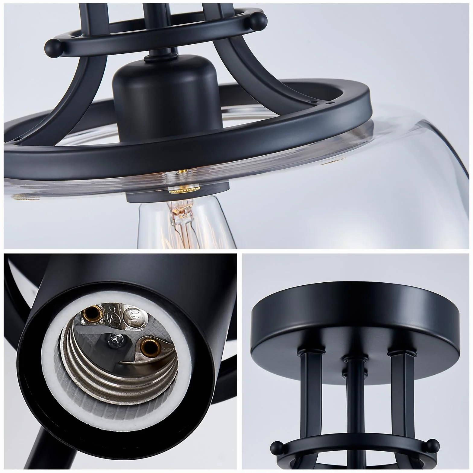Rustykalny żyrandol przemysłowy okrągły sufit lampa LED z przezroczystymi szklanymi kloszami E27 czarny 25x25 cm