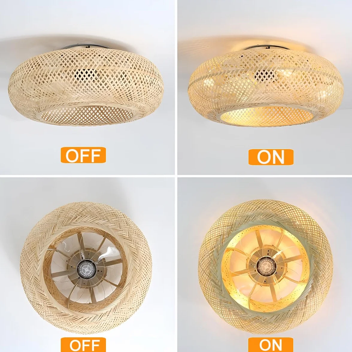 Wentylatory sufitowe E27 Retro ze światłem i pilotem cicha lampa wisząca splot bambus i rattan naturalna