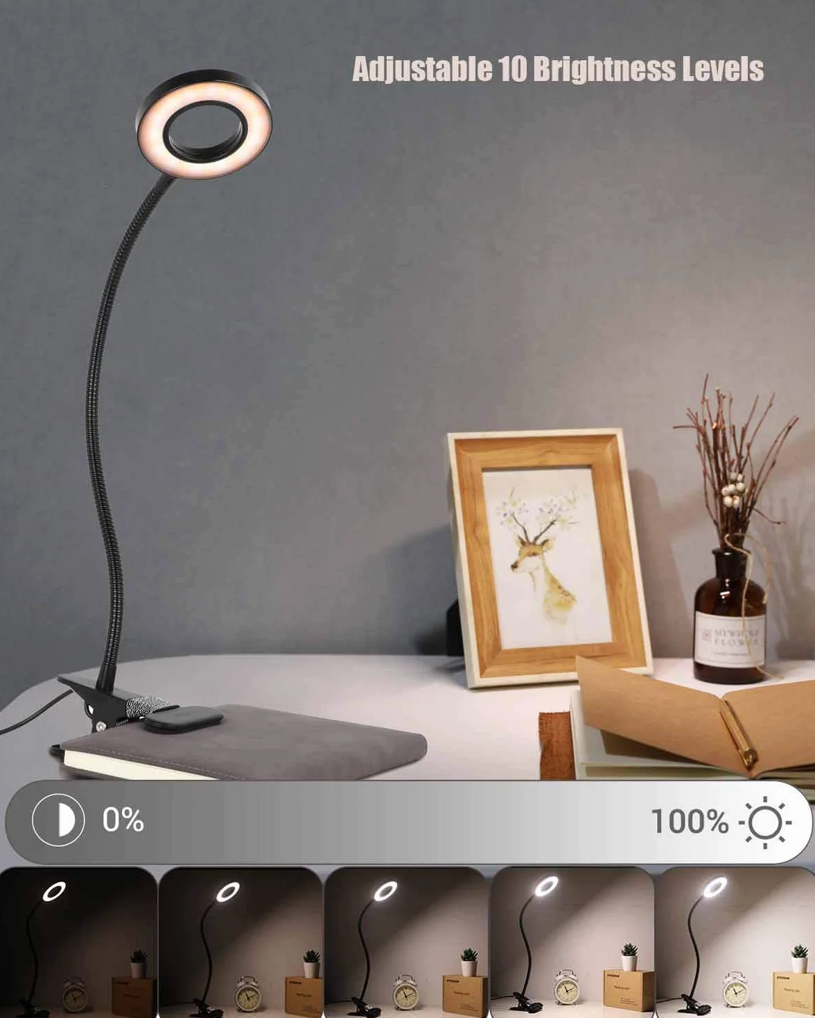 EYOCEAN Lampka do czytania LED z zaciskiem, łabędzia szyja, 3 tryby, 10 poziomów ściemniania