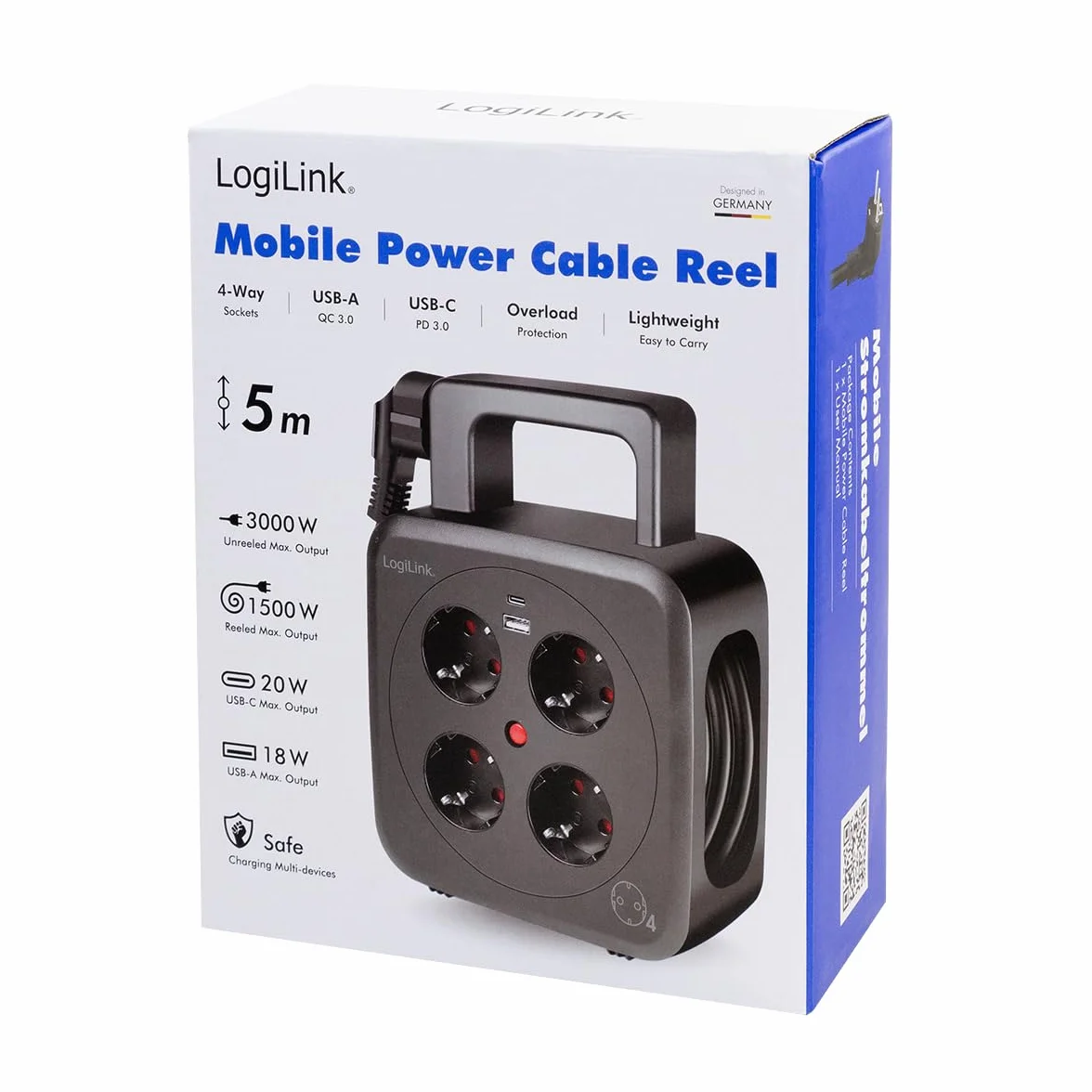 LogiLink LPS504 bęben kablowy 5 m 4 gniazda wtykowe USB-A USB-C IP20 termiczny wyłącznik przeciążeniowy