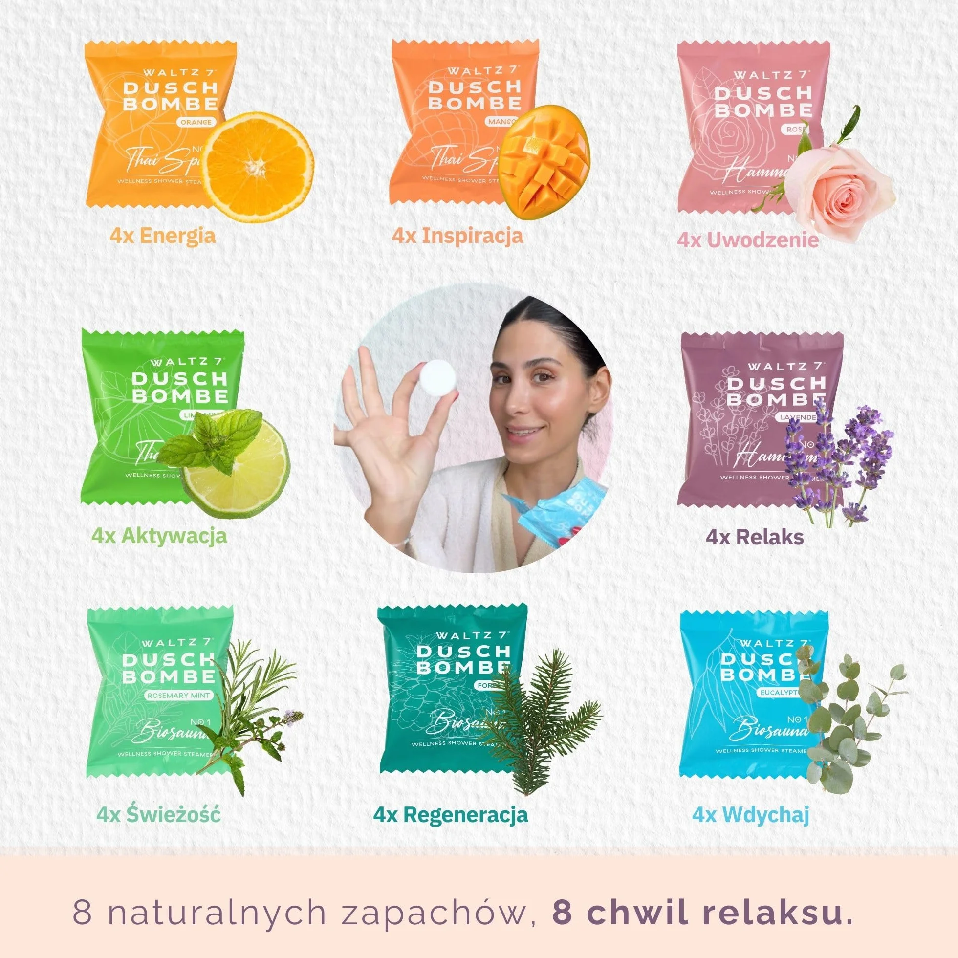 WALTZ 7 Oryginalny zestaw kul prysznicowych, 32 sztuk z 8 zapachami, Aromaterapia z naturalnymi olejkami eterycznymi, Prezent-podziękwoanie dla kobiet, Mamy, Prezent urodzinowy dla mężczyzny