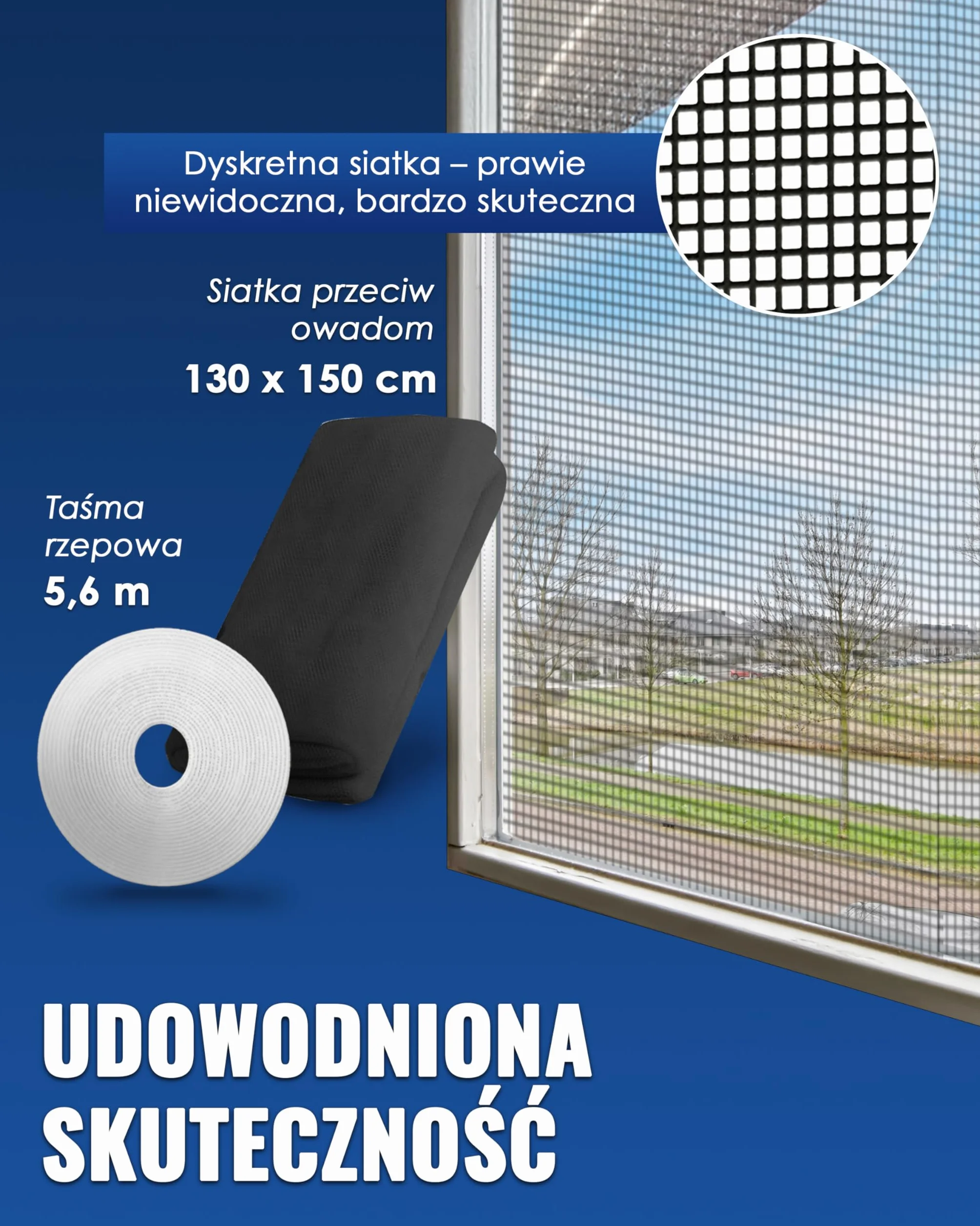 PIC Regulowana moskitiera okienna 130x150cm z drobną siatką i taśmą samoprzylepną