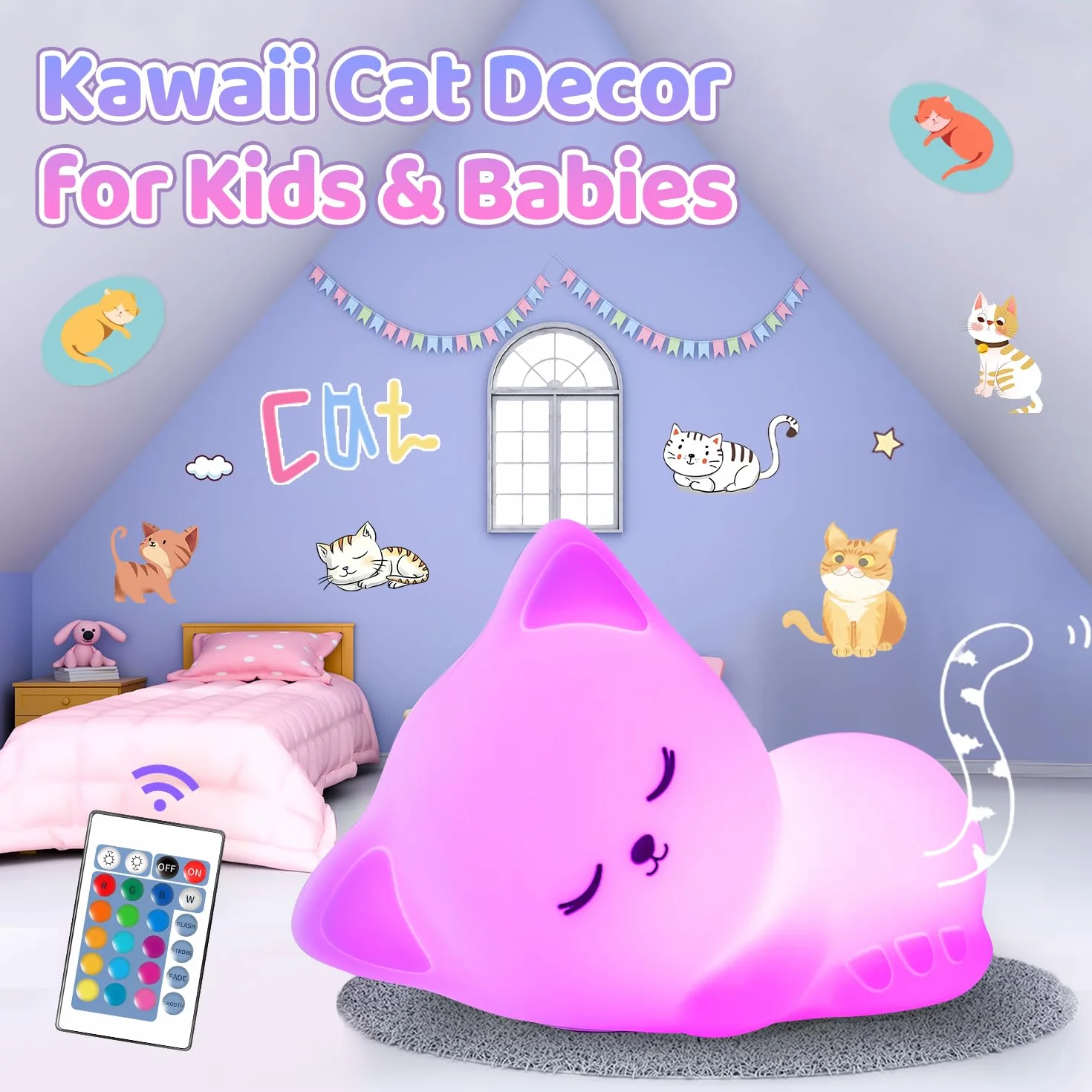 Lampka nocna dla dzieci kot 16 kolorów pilot zdalnego sterowania USB akumulator ściemniana Kawaii