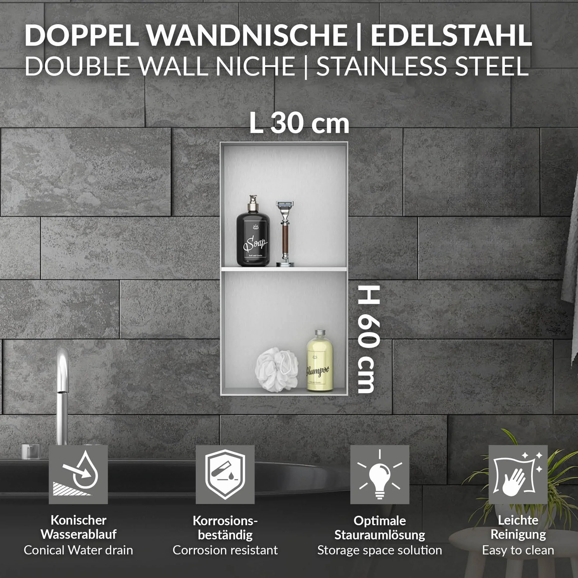 LuxeBath Nisza ścienna podwójna ze stali nierdzewnej 30x60x10 cm srebrna wneka prysznicowa bez obramowania