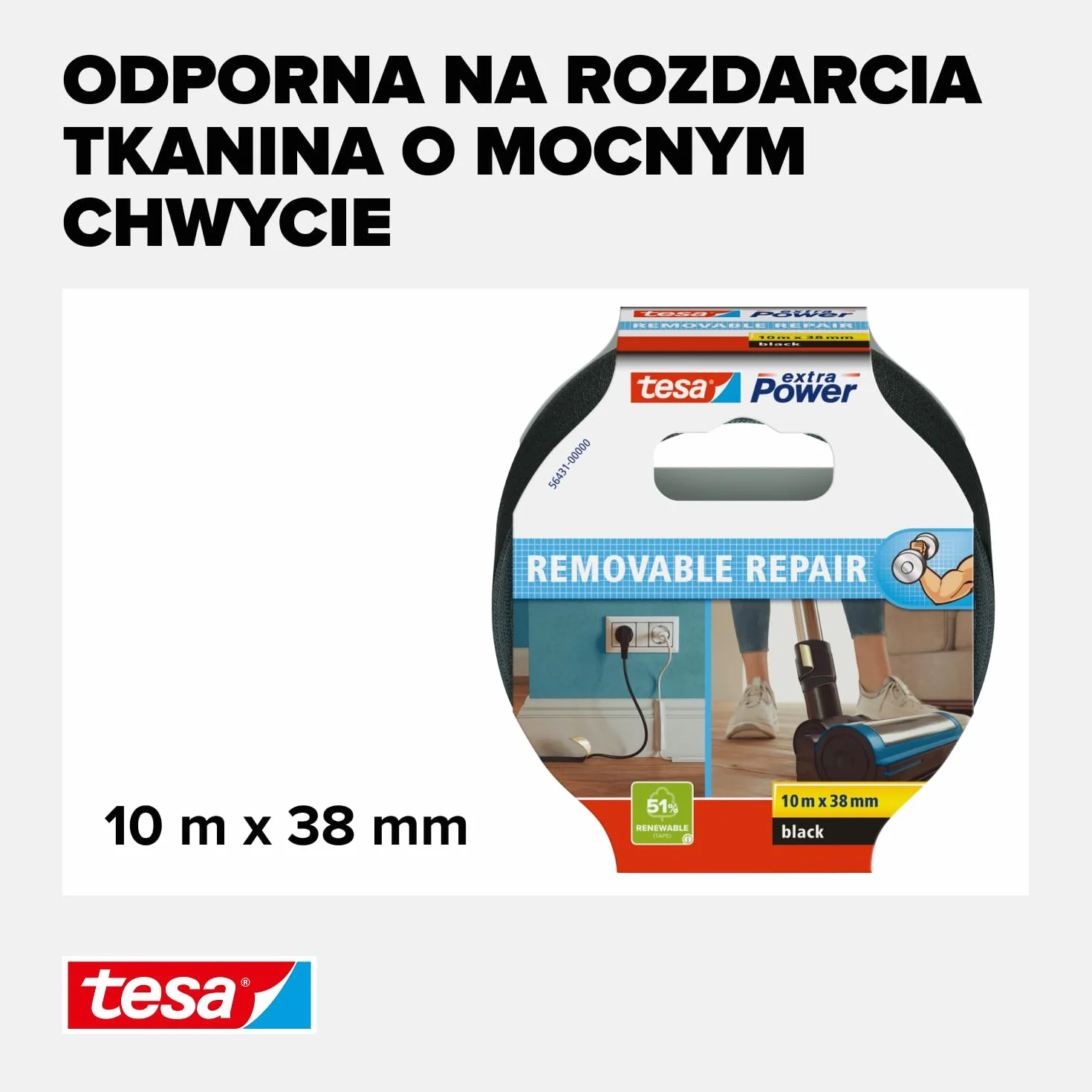 tesa extra Power Removal Repair – wytrzymała taśma materiałowa o mocnym kleju – łatwa do ręcznego rozdzierania – taśma naprawcza usuwalna bez śladów – 10m x 38mm – czarna