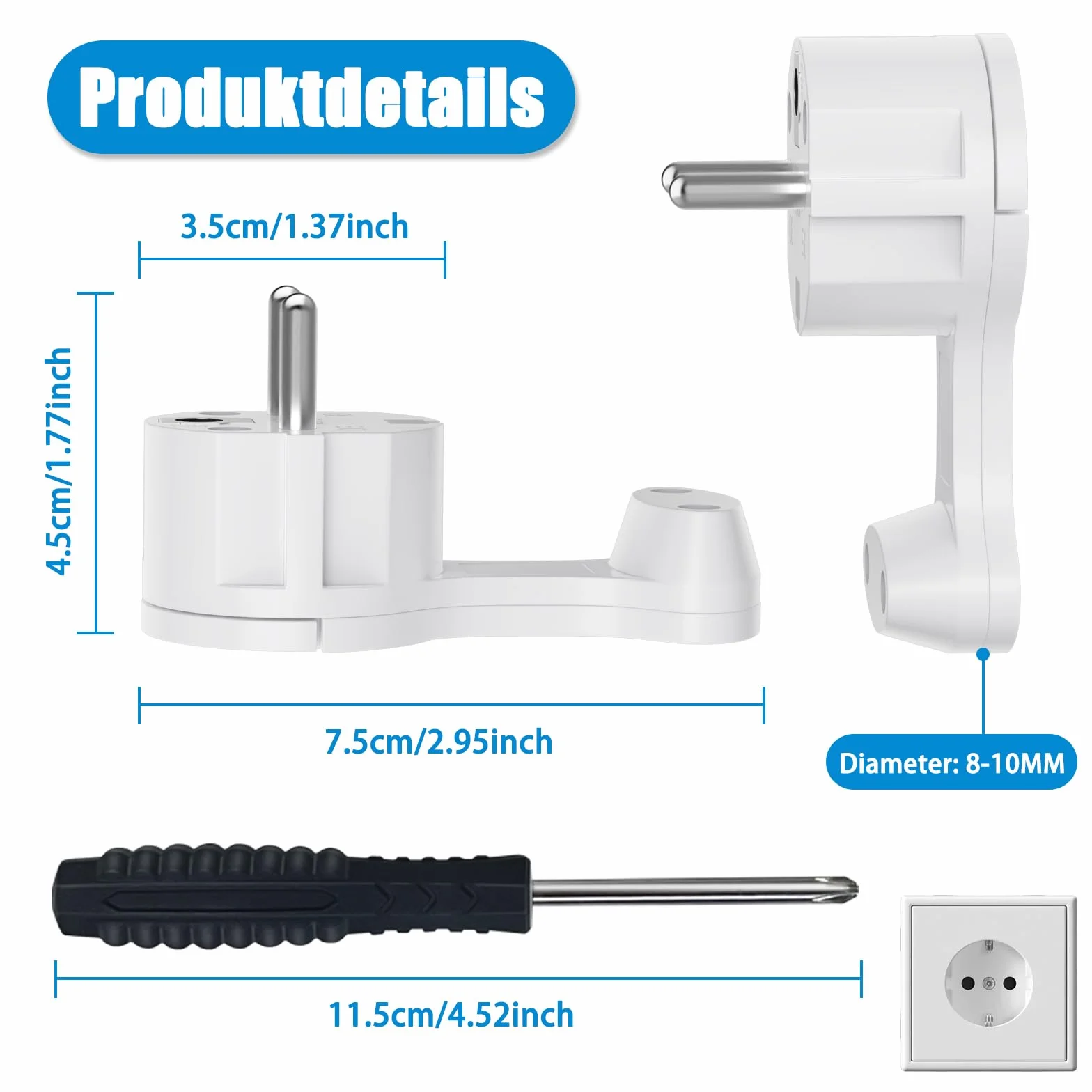 Elektryczna wtyczka Schuko, ekstra płaska wtyczka uziemiająca ze składanym uchwytem, 250 V, 16 A, do kabli do 3 x 1,5 mm², wtyczka płaska, wtyczka euro, biała, 2 sztuki