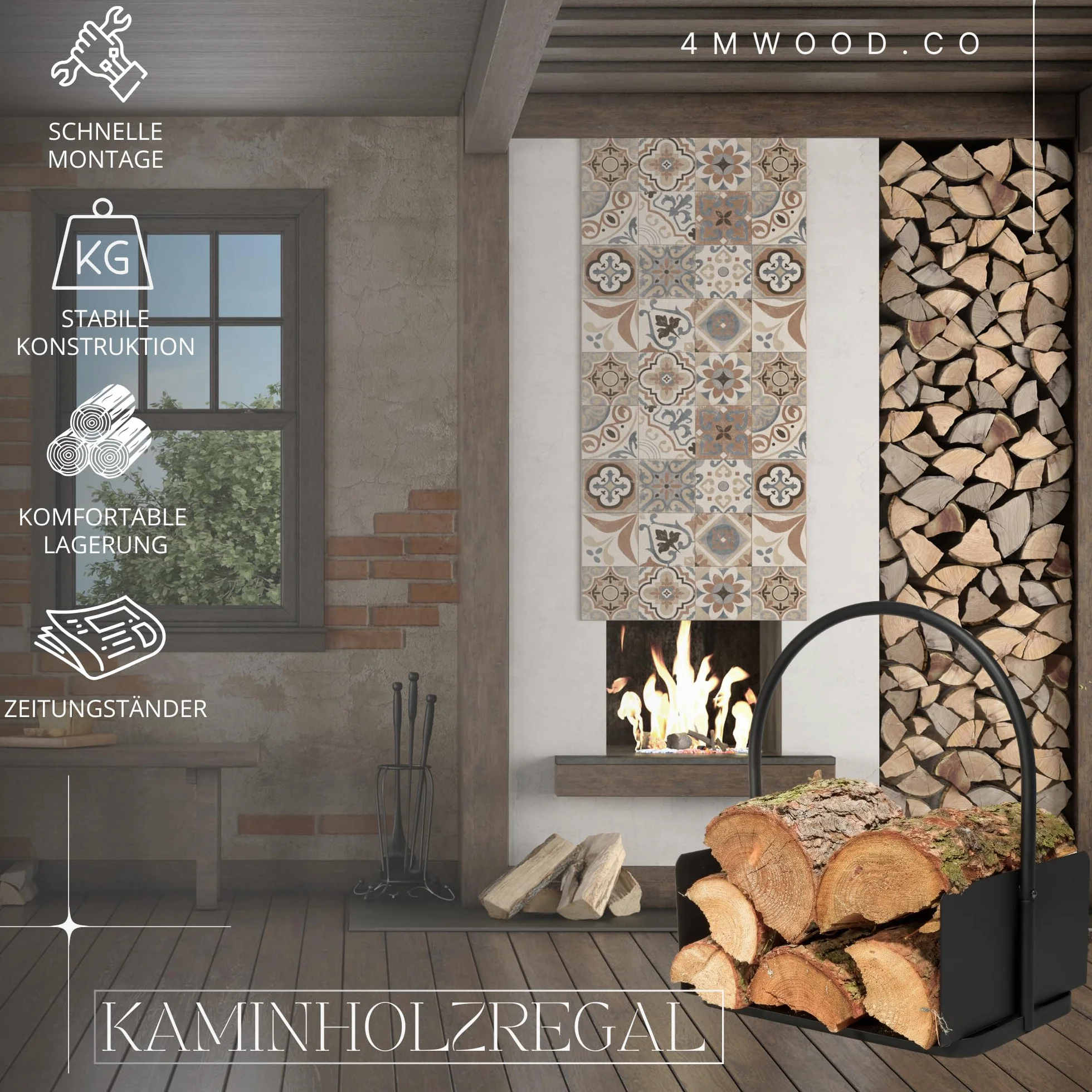Czarny Metalowy Kosz na Drewno Kominkowe - Duży Uchwyt i Wspornik - Stojak 46 x 40 x 30 cm