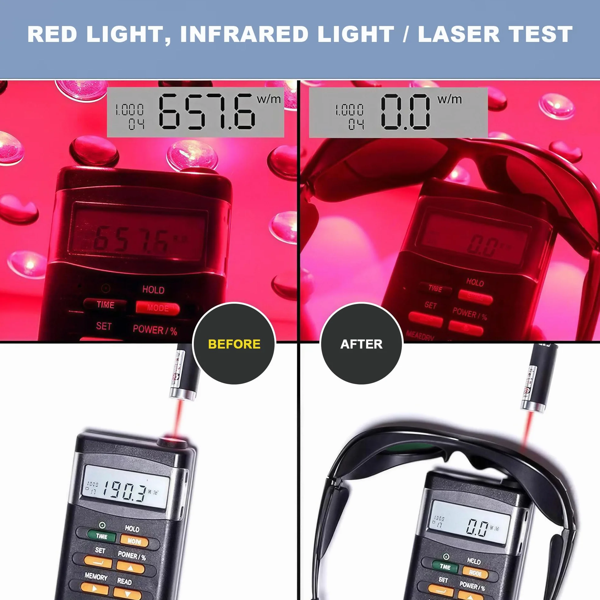 MCWlaser Okulary ochronne do terapii światłem czerwonym i niebieskim LED, UV400, 200-2000 nm, IPL, laserowe