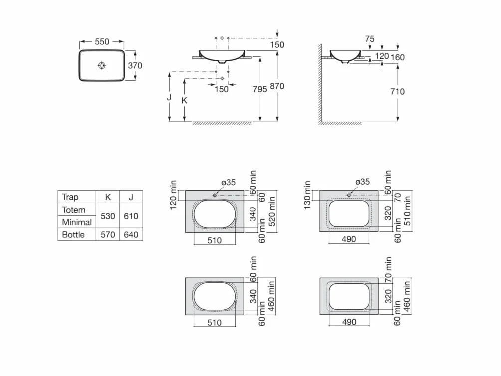 Roca INSPIRA SQUARE Umywalka FINECERAMIC do blatu Biały Matowy 550mm x 370mm x 75mm