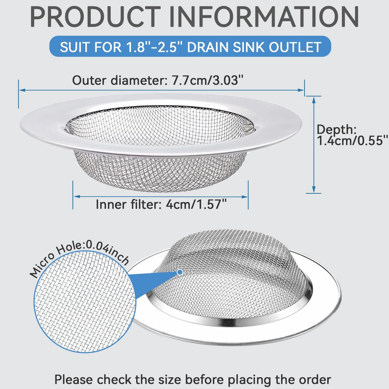 Stainless Steel Bathroom Shower Hair Filter Drain Cover Sink Plug Strainer Pack of 2