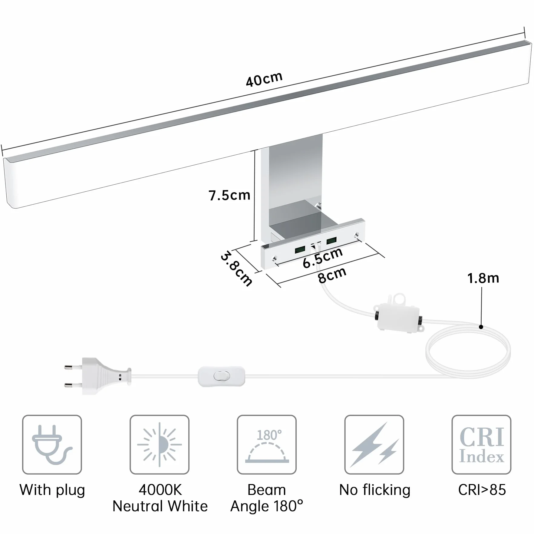 Lampa łazienkowa LED na lustro 10 W, neutralna biel, 4000 K, 820 lm, lampa ścienna, lustro z wtyczką, montaż 3 w 1, 40 cm, IP44, lampa łazienkowa z lustrem, 230 V, 400 mm