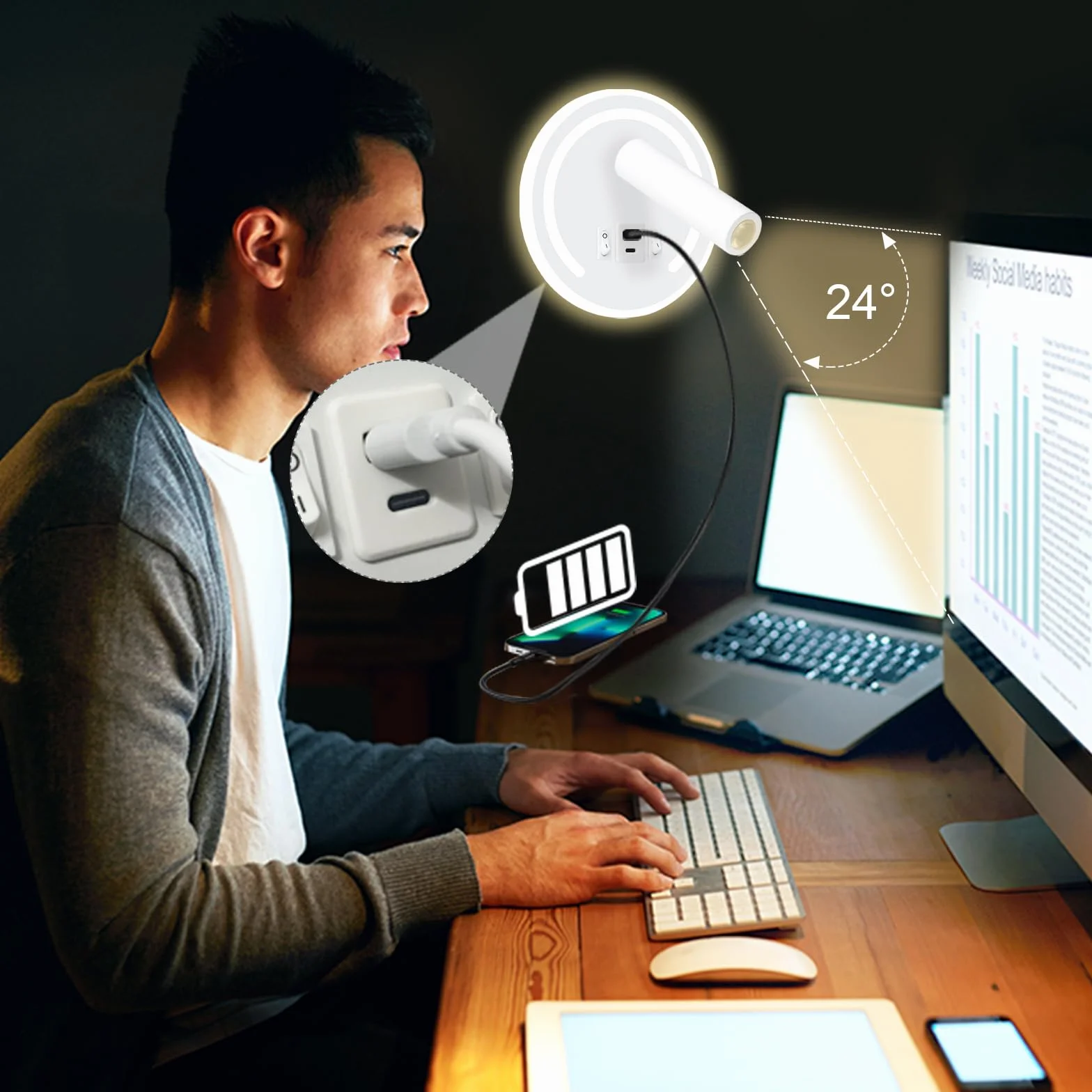 Lampa do czytania ścienna LED 3W+9W USB obrotowa 3000K biała okrągła