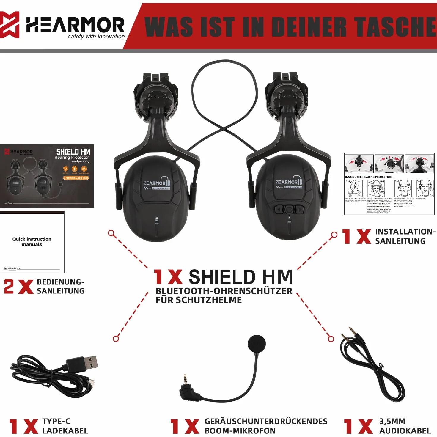 HEARMOR Ochrona słuchu Bluetooth SNR 32 dB, zamocowana na kasku