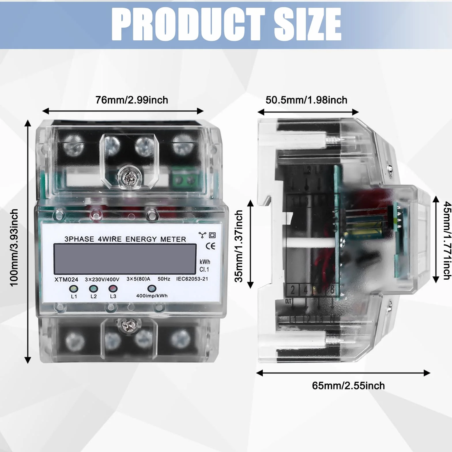 Licznik energii elektrycznej trójfazowy 3-fazowy 230/400 V 5-100 A szyna montażowa LCD