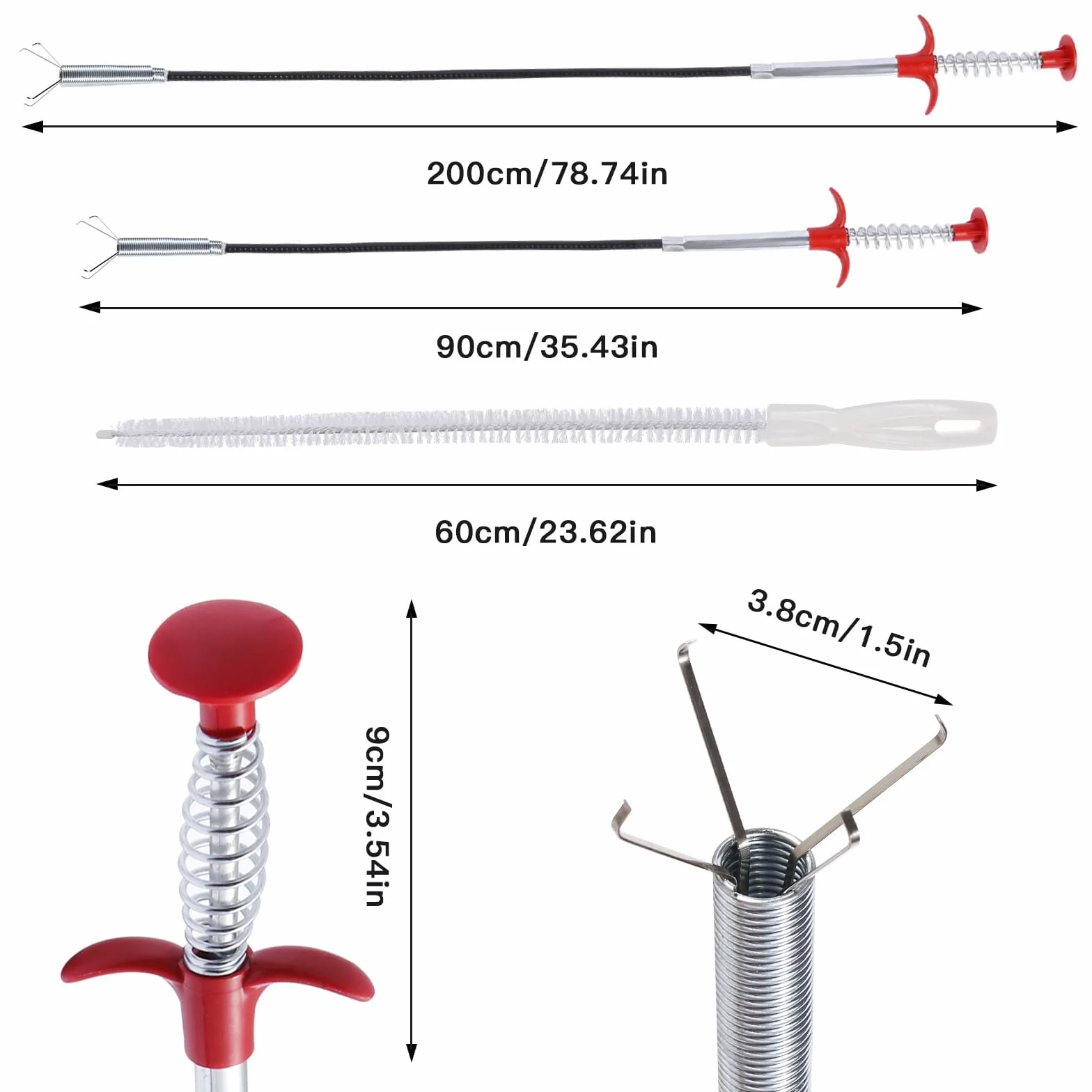 Zestaw do czyszczenia odpływów 3-częściowy spirala 90 cm 200 cm szczotka 60 cm