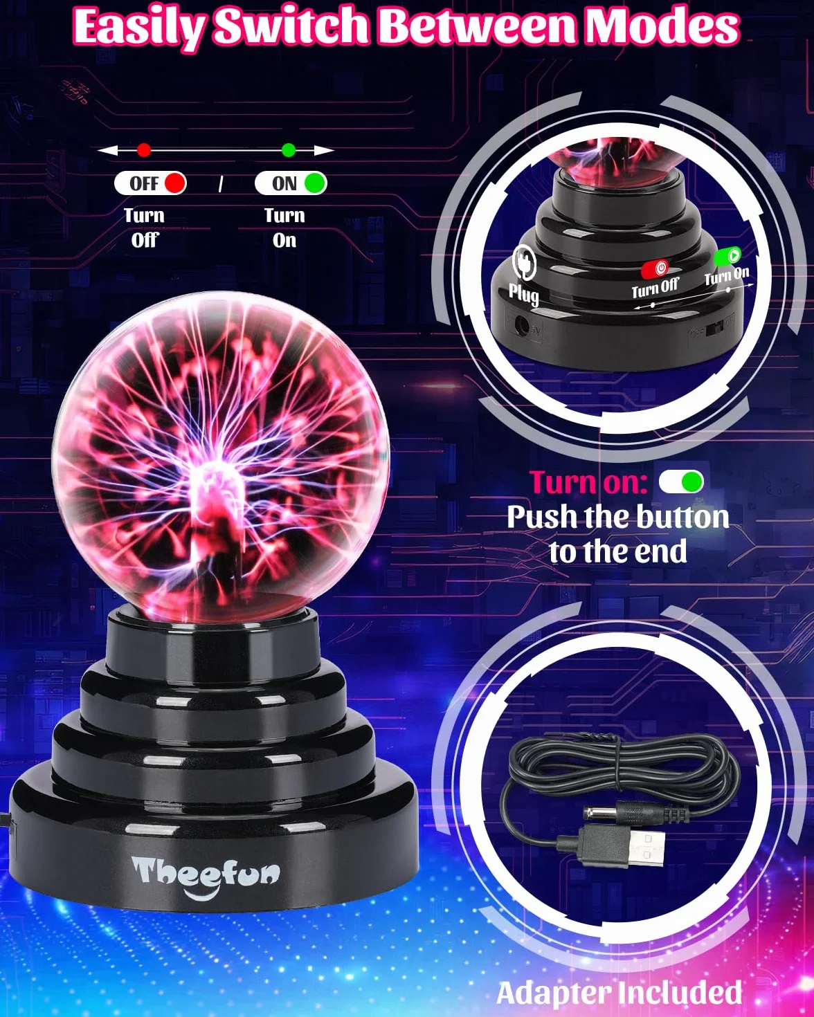 Theefun Kula plazmowa 7,5 cm, lampa plazmowa USB/bateria, wrażliwa na dotyk, efekt błyskowy, zabawka dekoracja dla dzieci