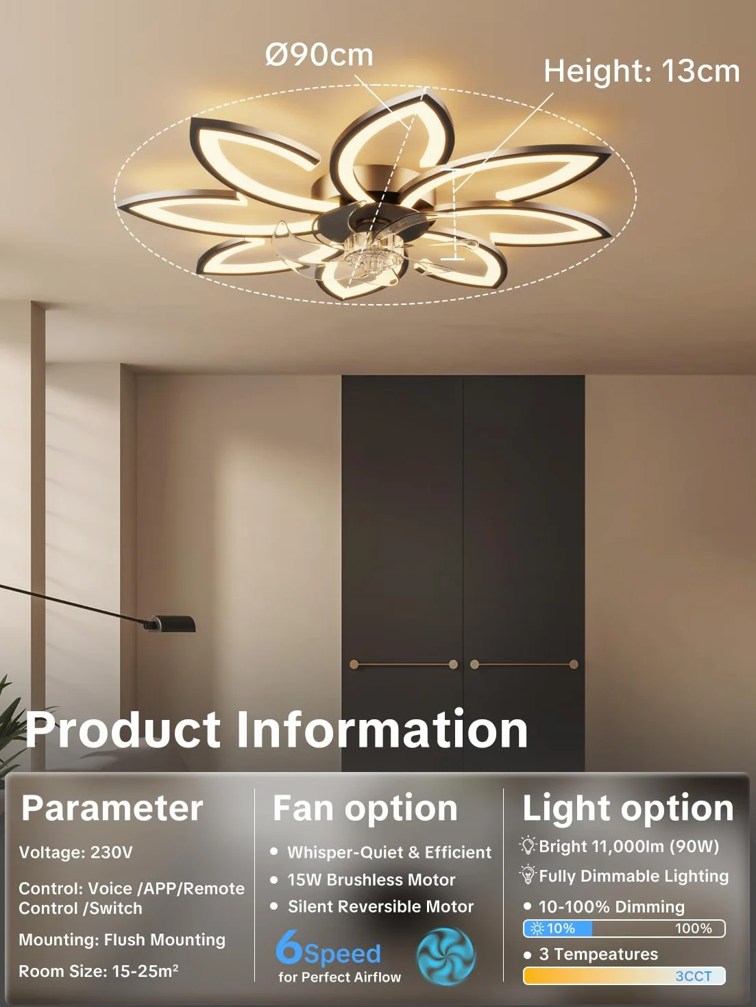 Wentylator sufitowy z oświetleniem i aplikacją zdalnego sterowania, lampa z wentylatorem, cichy, kwiatowy nowoczesny design, możliwość ściemniania, funkcja pamięci, silnik DC, tryb letni, tryb