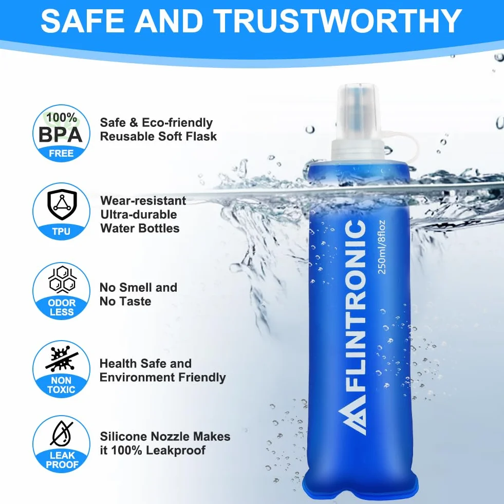flintronic Miękka butelka TPU, 250 ml, składana butelka na wodę, lekka, miękka butelka na wodę dla obu płci, bez BPA, szczelne, składane butelki na wodę do biegania, jazdy na rowerze, wspinaczki, 2