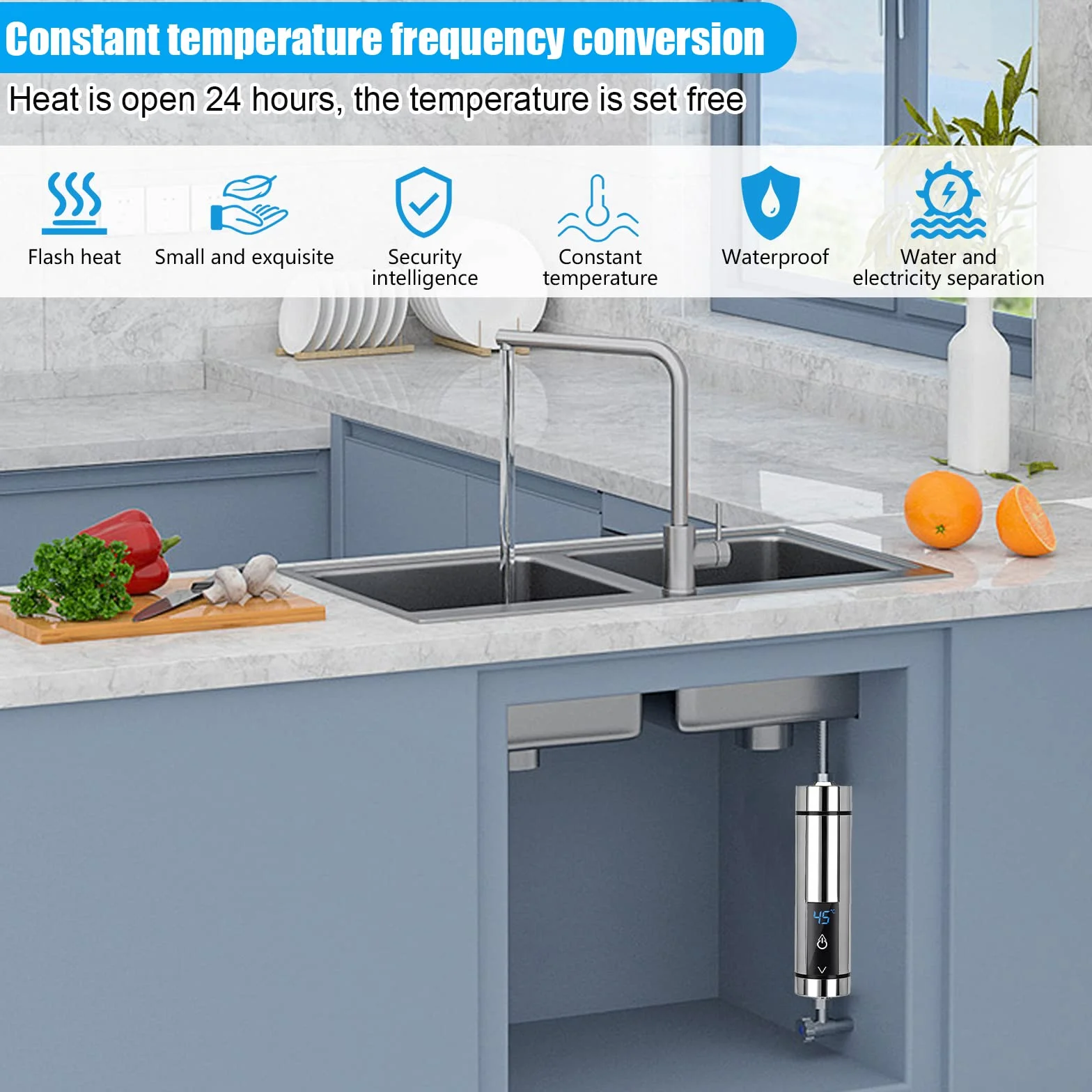 Elektryczny podgrzewacz wody mini 5500 W cyfrowy wyświetlacz regulowana temperatura srebrny