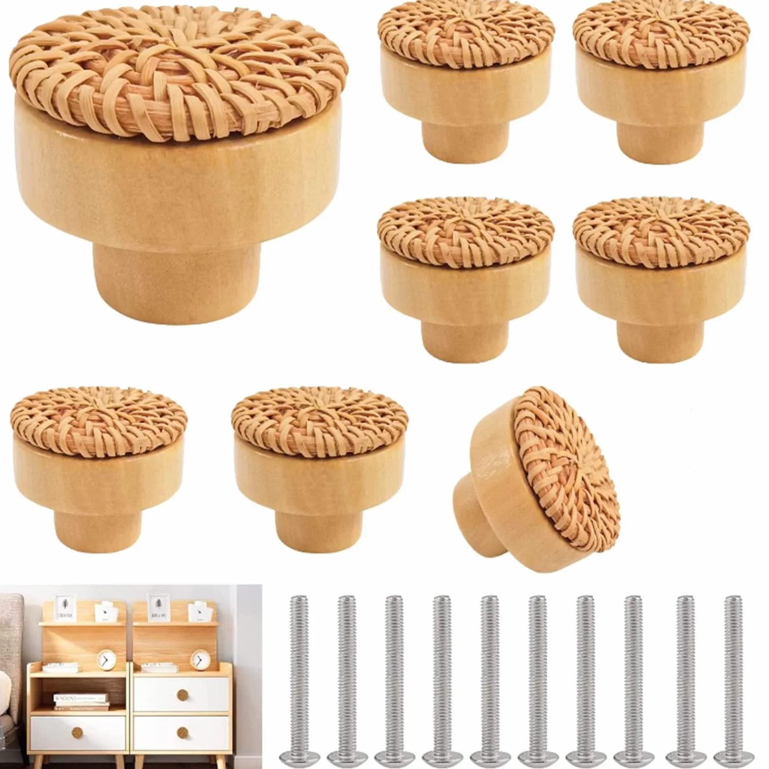 Gałki meblowe rattanowe 40 mm 8 sztuk naturalne drewniane boho do szafy
