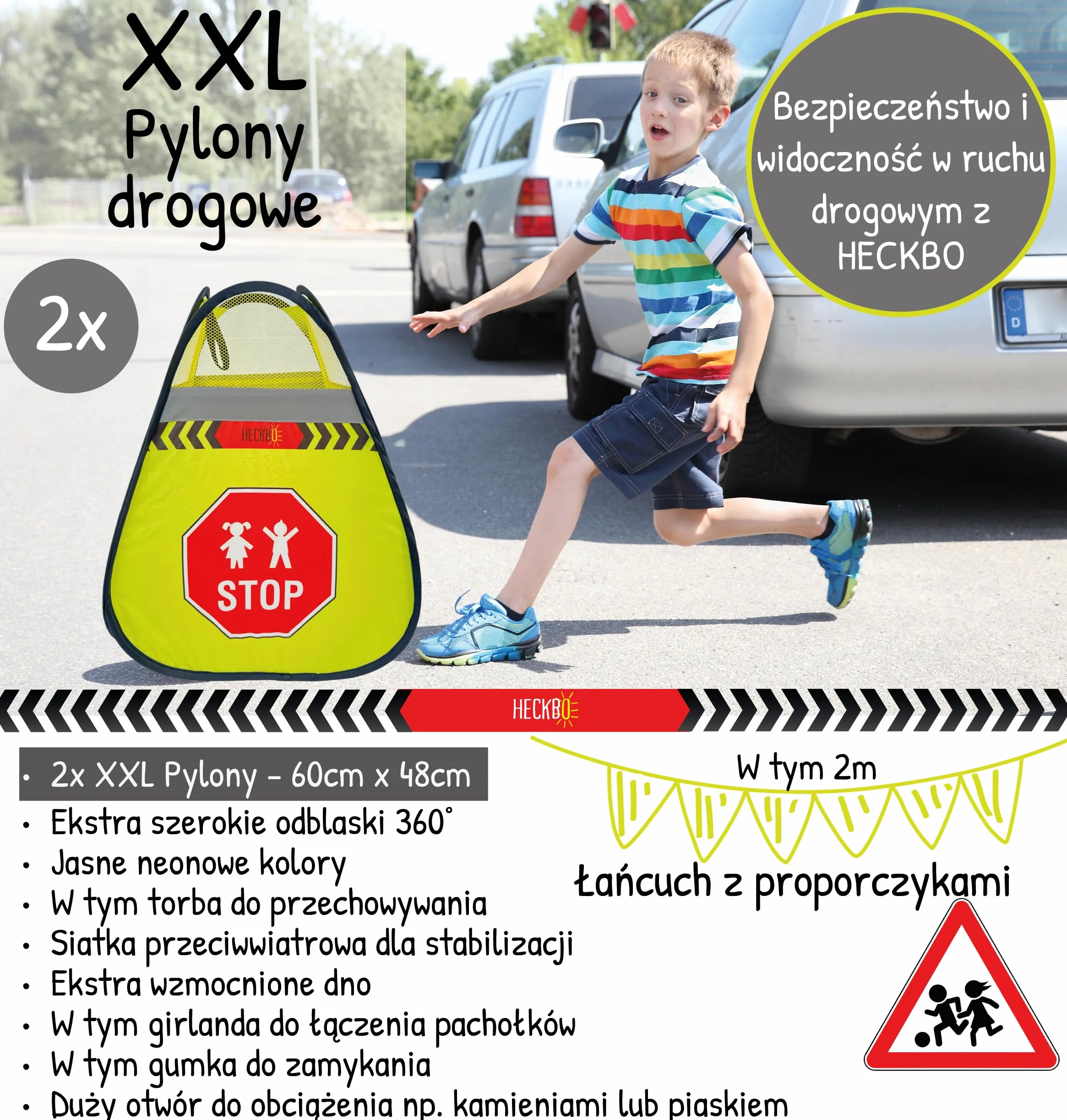 HECKBO znak ostrzegawczy dla dzieci, pylony z łańcuchem chorągiewek, stożek bezpieczeństwa