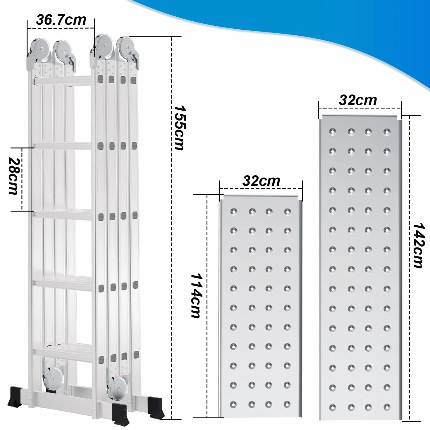5,8 m aluminiowa drabina wielofunkcyjna z platformą, 2 płytami rusztowania, do 150 kg, 20 stopni, srebrna