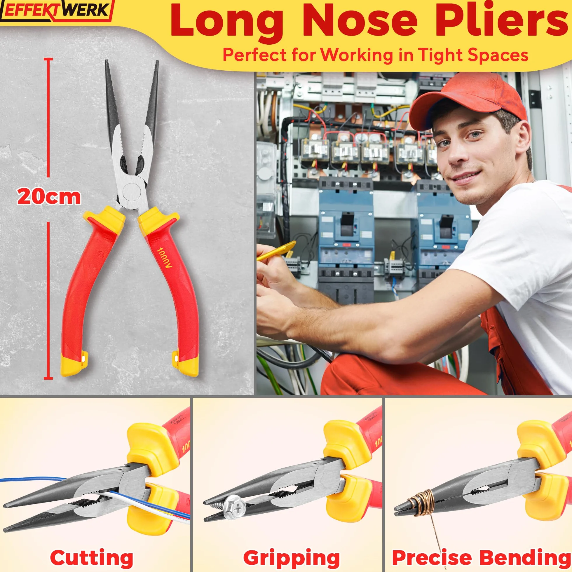 Electricians Pliers Set 3pc VDE Insulated Combination Long Nose Side Cutters