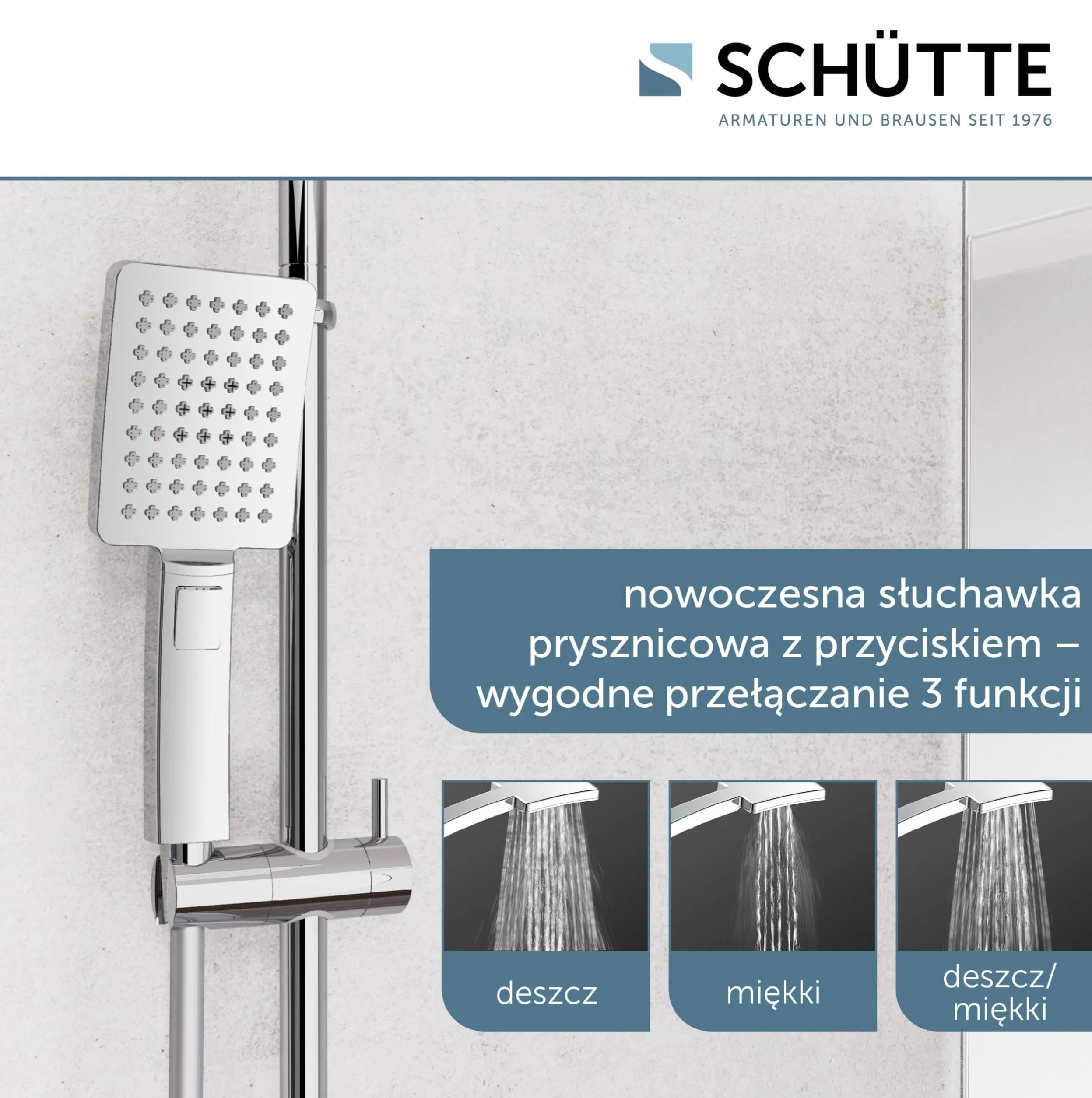 SCHÜTTE Zestaw prysznicowy MALLORCA kolumna prysznicowa z dużą deszczownicą słuchawka 3 tryby strumienia system z drążkiem regulowanej wysokości chrom