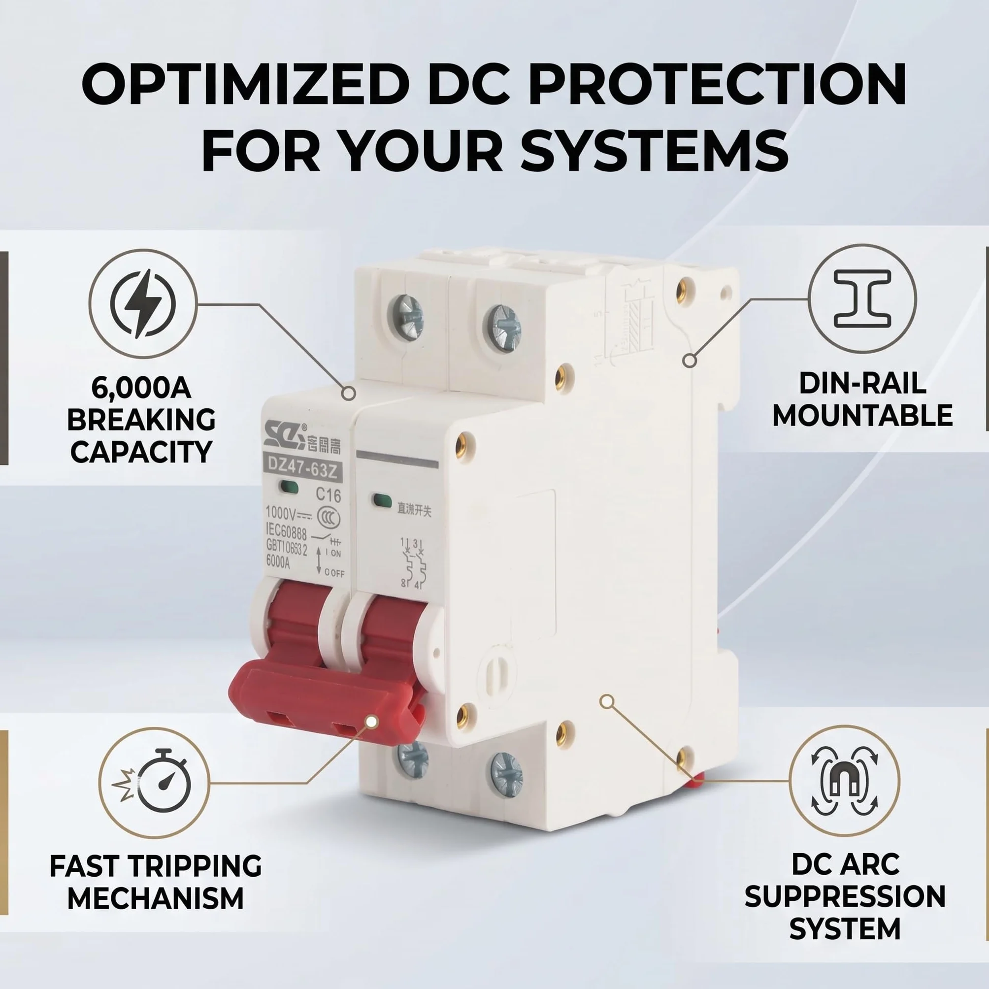 Miniwyłącznik 2P 16A DC 1000V DC DZ47-63Z odłącznik izolator system solarny fotowoltaiczny szyna DIN