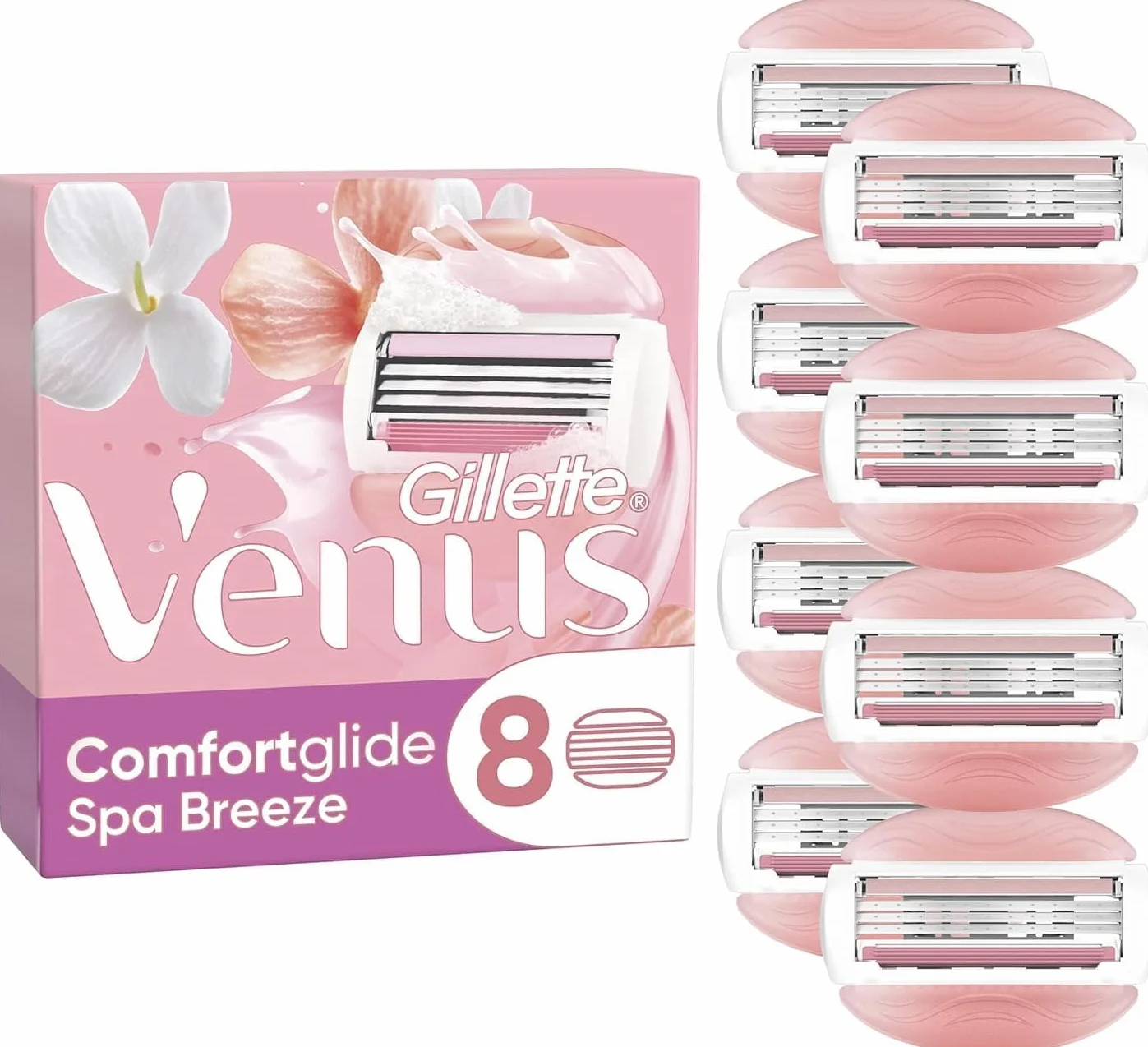 Gillette Venus Comfortglide Spa Breeze Wkłady Do Golarki Dla Kobiet, Opakowanie 8, 3 Wbudowane Ostrza, Do Gładkiego I Głębokiego Golenia Twardego
