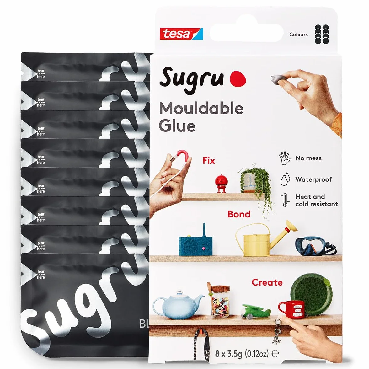 tesa Sugru uniwersalny klej formowalny silikonowa guma do napraw klejenia mocowania ośmiopak 8 x 3,5 g czarny
