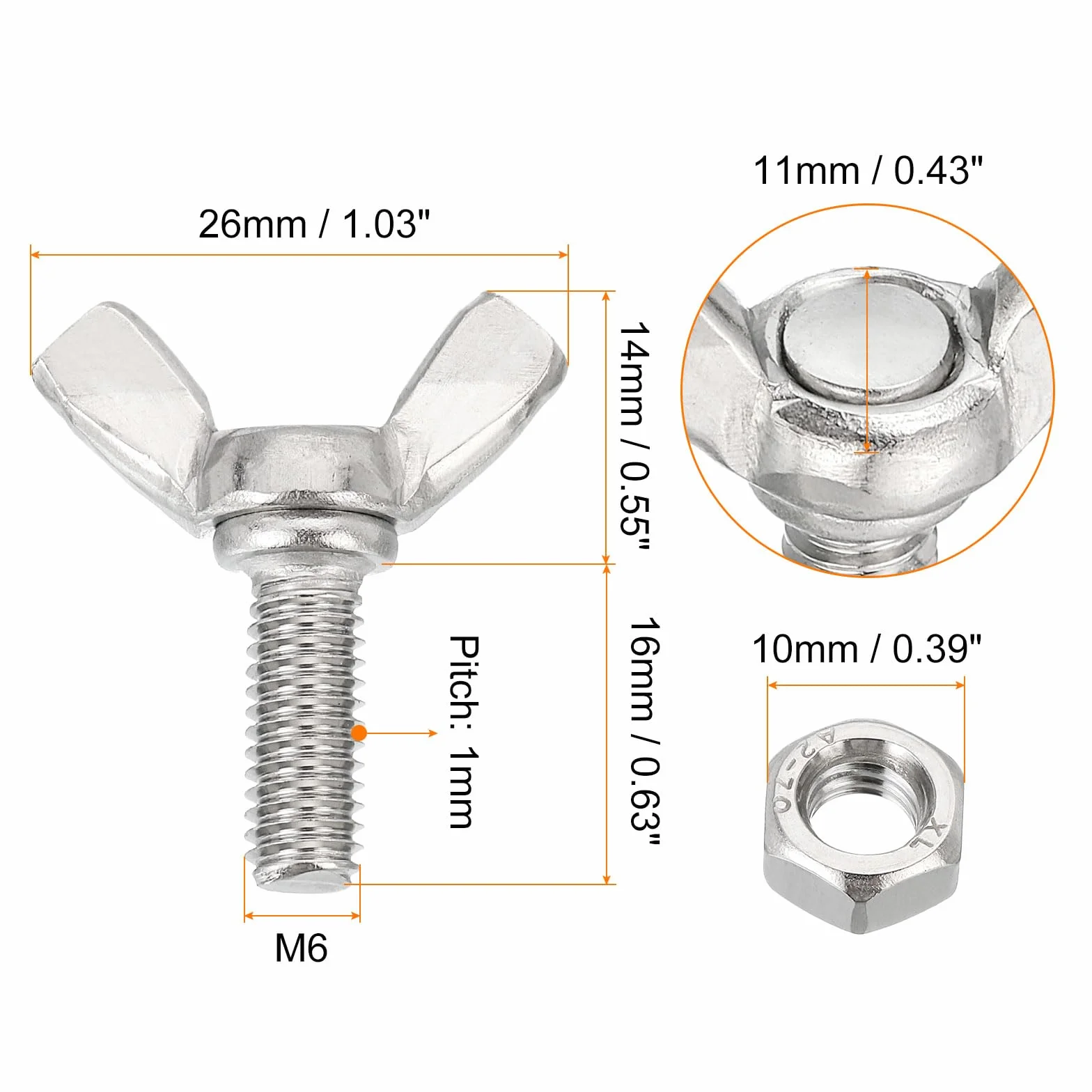 Śruby skrzydłowe M6-1 x 16 mm ze stali nierdzewnej 304, 6 sztuk śrub i nakrętek motylkowych
