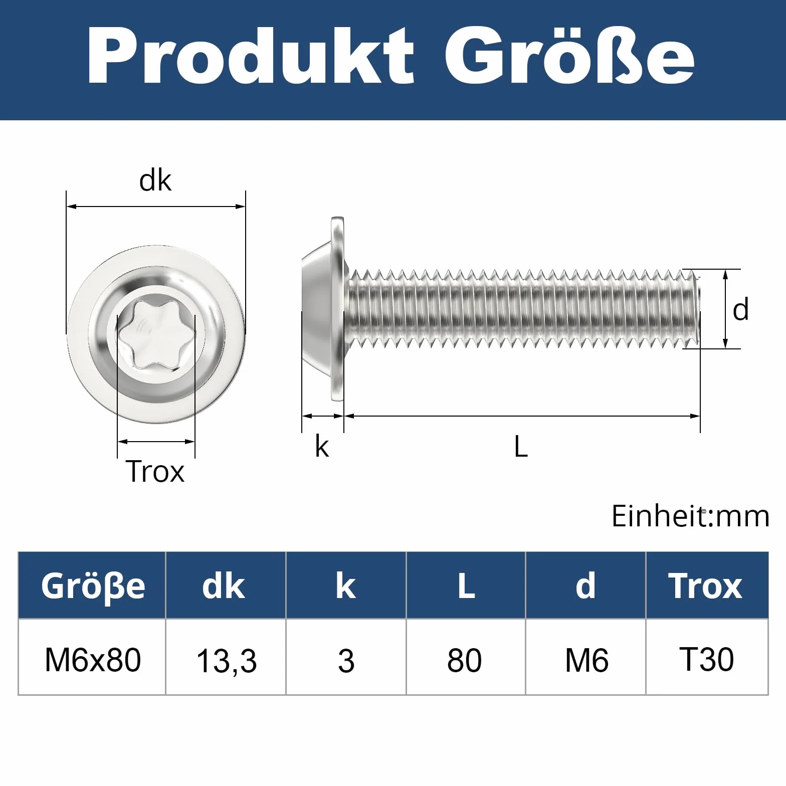 Śruby M6 x 80 mm łeb soczewkowy kołnierz Torx stal nierdzewna A2 V2A pełny gwint 20 sztuk