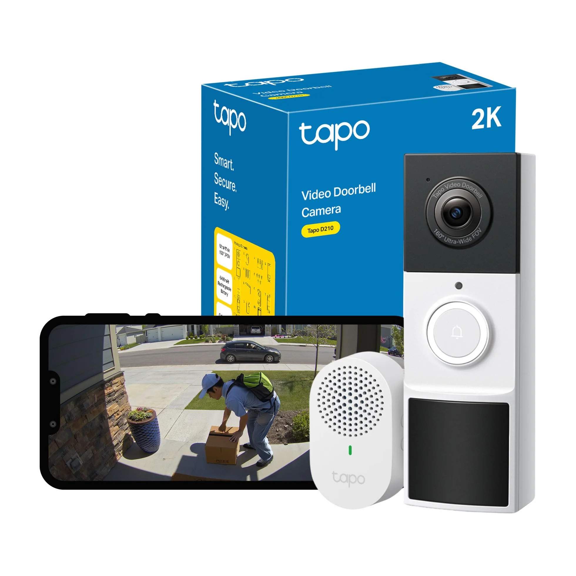 Tapo Inteligentna bezprzewodowa kamera bezpieczeństwa 2K 3MP zasilana bateriami, ultra szeroka kamera dzwonkowa WiFi, dwukierunkowa rozmowa, noktowizor kolorowy, wykrywanie AI, dwukierunkowy dźwięk,