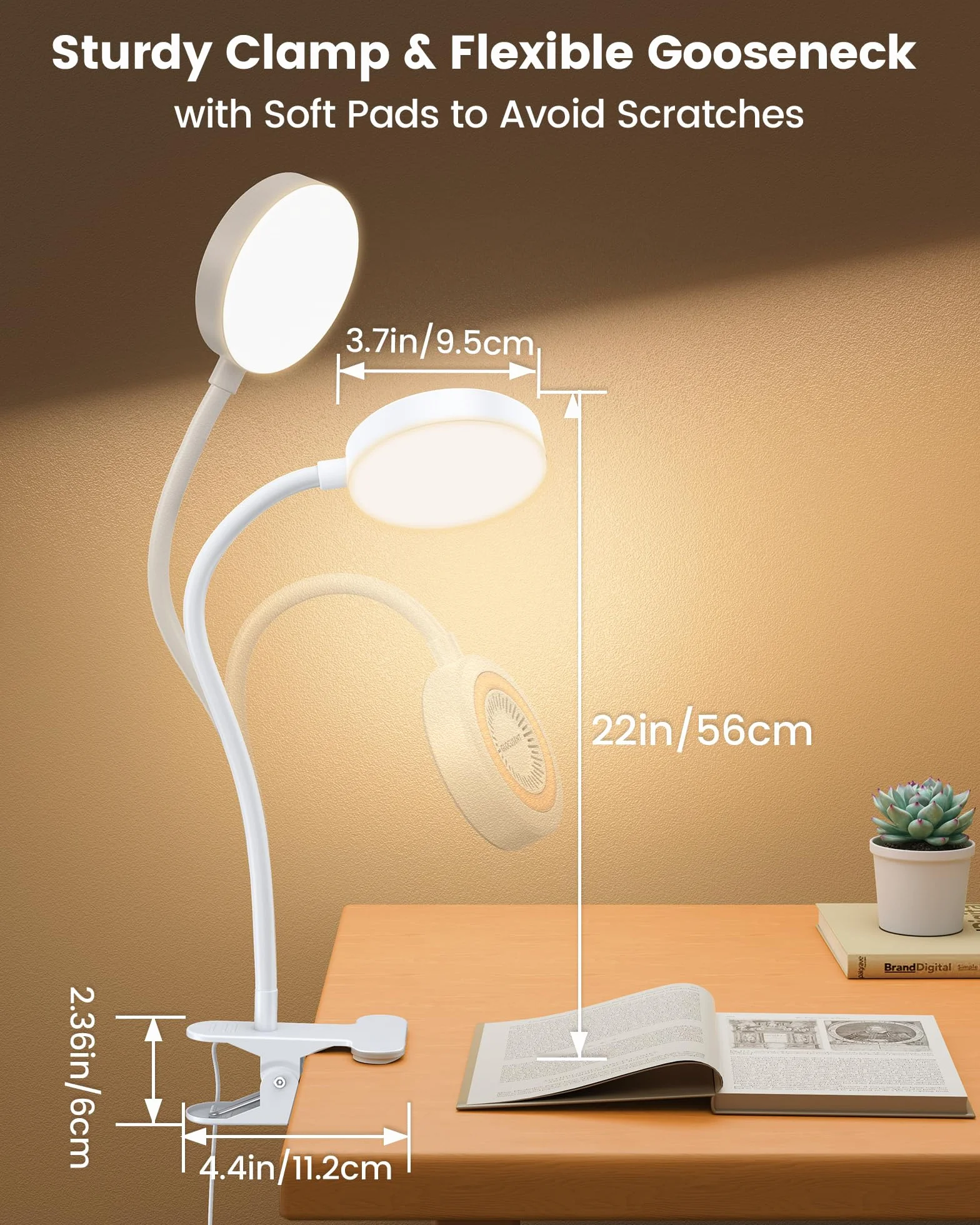 Glocusent Lampka do czytania do łóżka, 72 LED lampa zaciskowa z 3 kolorami i 5 poziomami jasności, elastyczna lampka do łóżka z pomarańczowym światłem nocnym, 30/60-minutowy timer, ochrona oczu, do