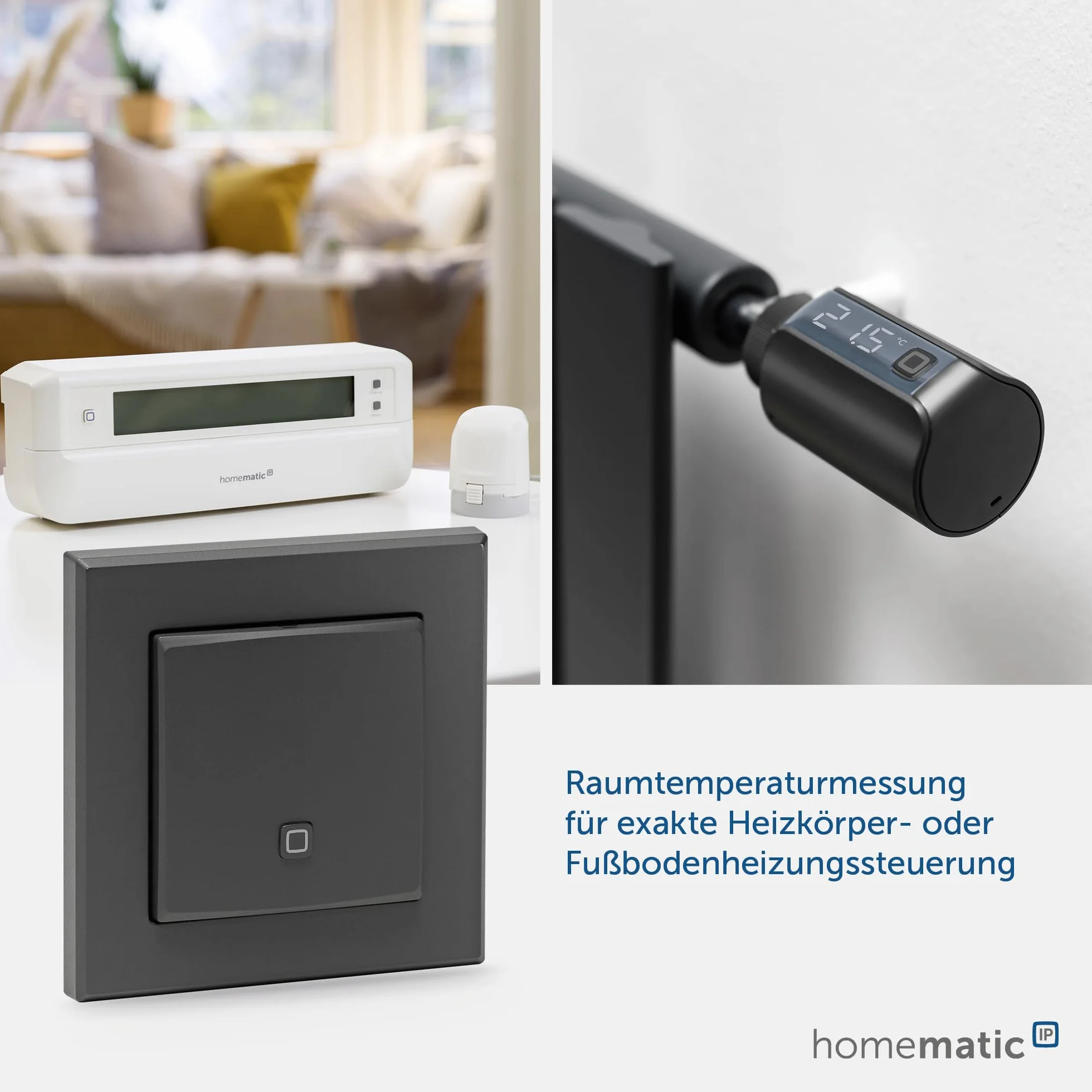 Homematic IP Smart Home czujnik temperatury i wilgotności powietrza – wewnątrz, antracytowy, steruje cyfrowo grzejnikami/ogrzewaniem podłogowym, aplikacją Alexa, Google Assistant, pomiar