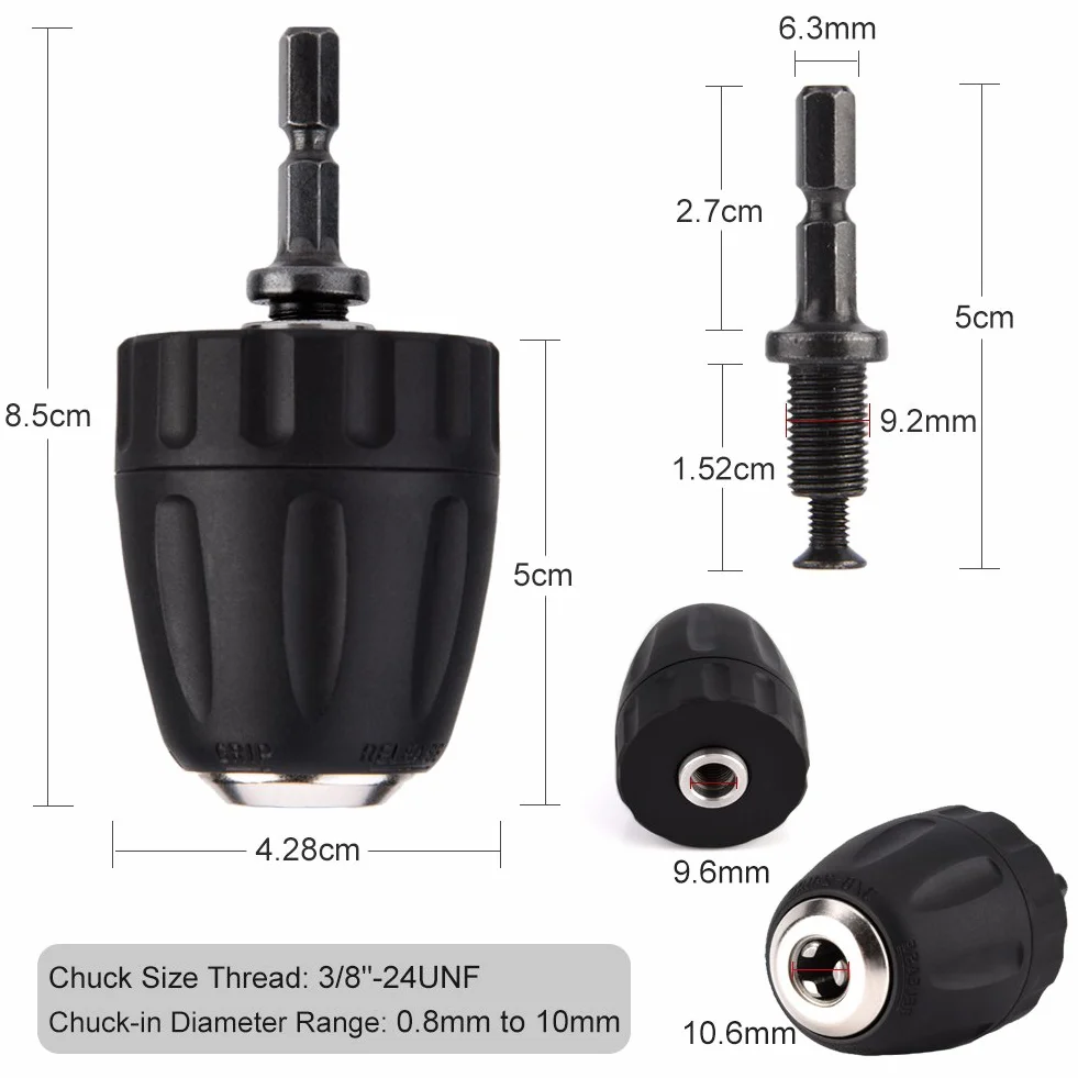 Adapter uchwytu wiertarskiego SDS 3/8-24UNF 0.8-10mm Zacisk bezkluczowy z chwytem sześciokątnym 1/4"