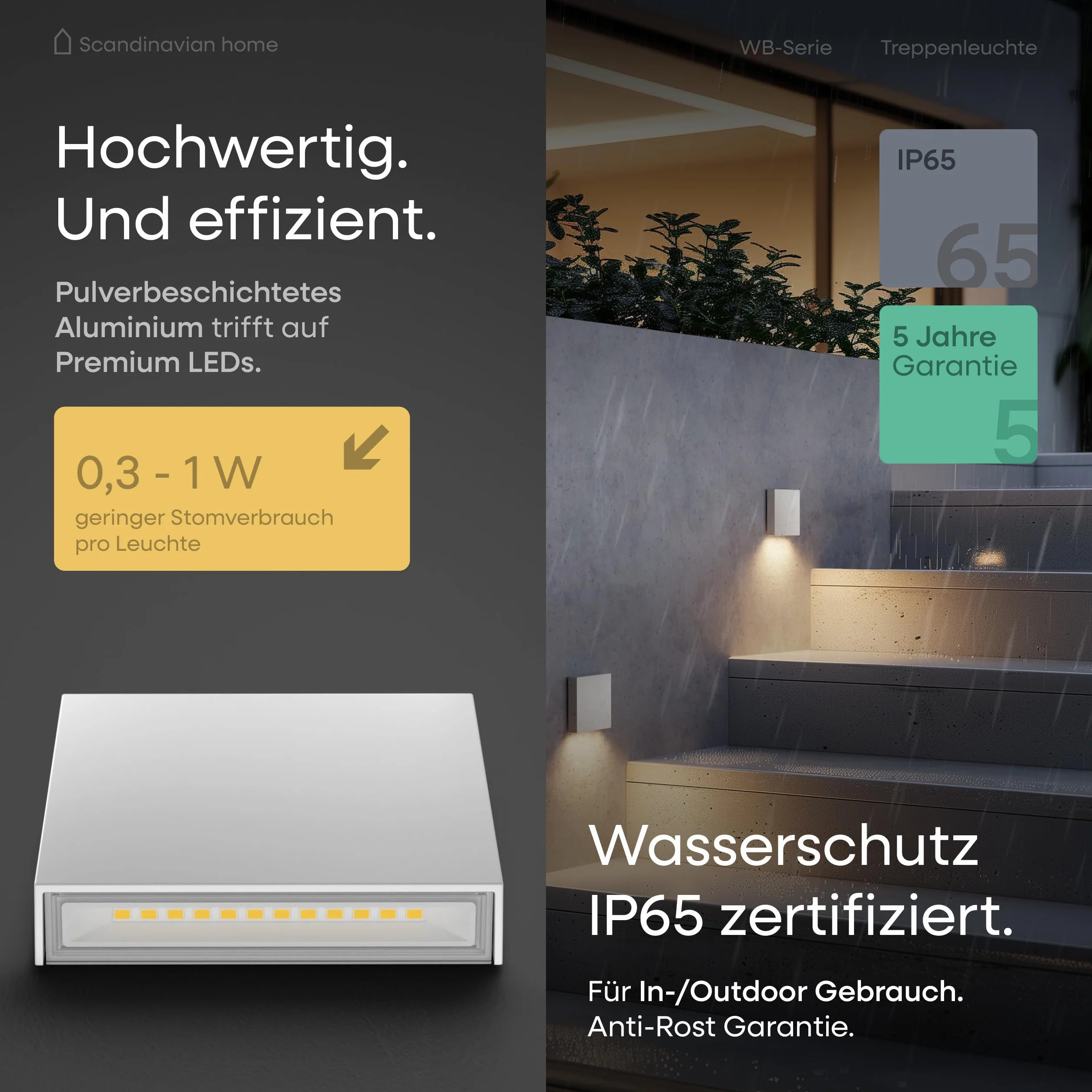 Scandinavian home Zestaw 6 lamp schodowych LED IP65 230V 1W ciepła biel 3000K 125lm oprawa wpuszczana