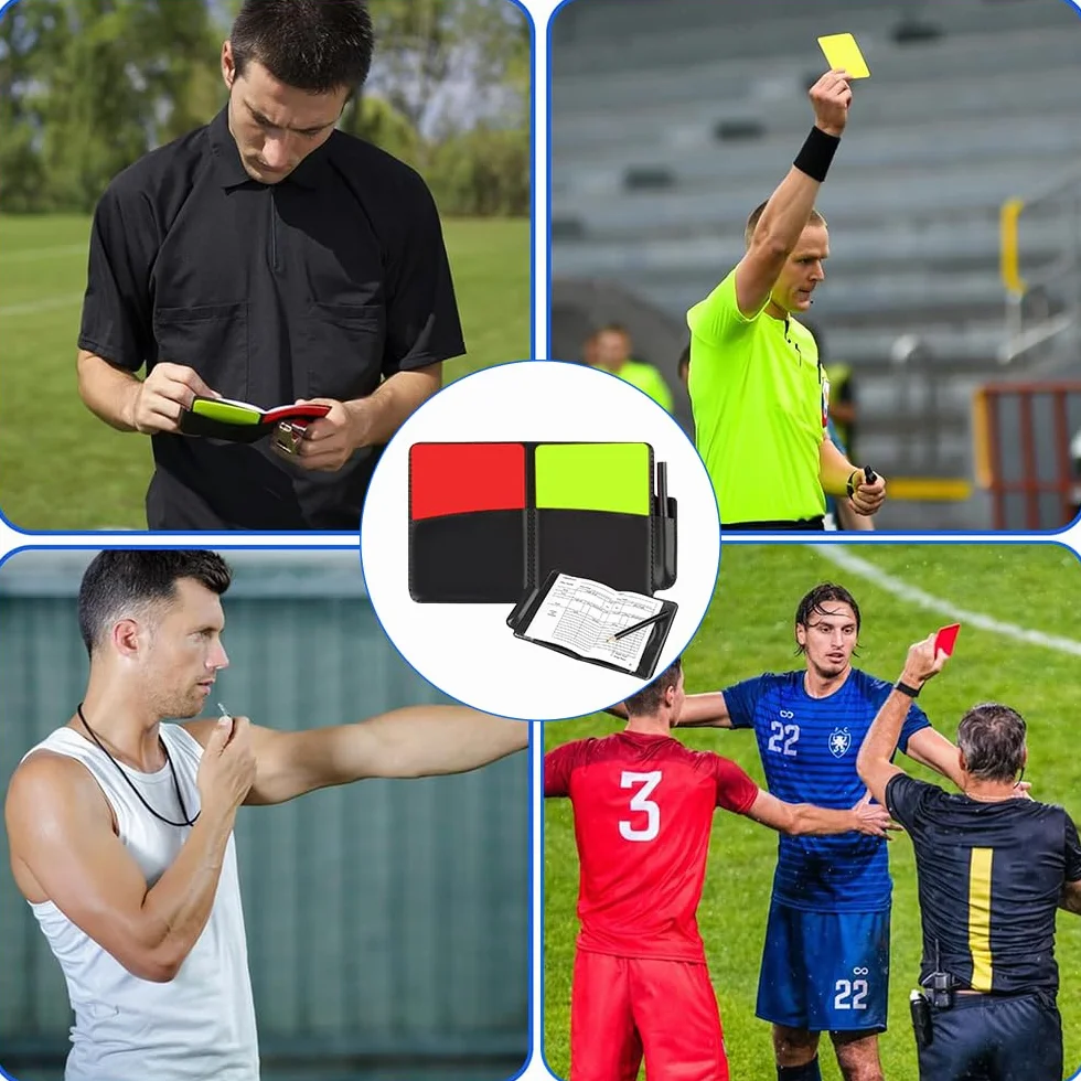 Zestaw kart sędziego – zestaw notatnika sędziego sportowego, czerwona kartka żółta karta i torba sędziego do piłki nożnej