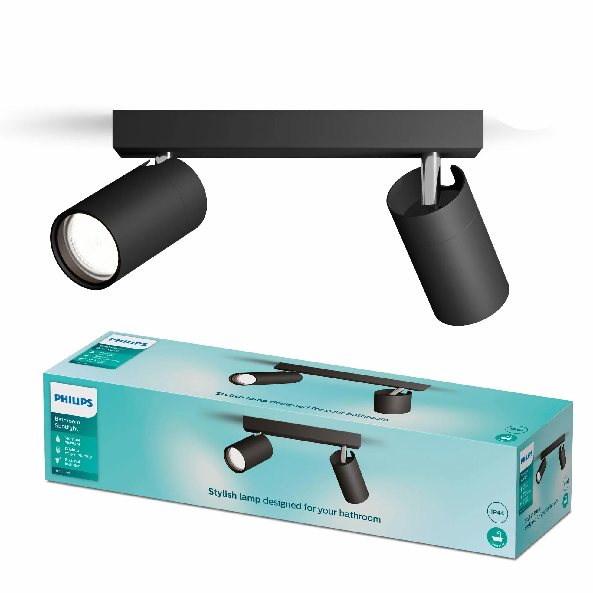 Philips LED Podwójny reflektor punktowy Idris, czarny, IP44, wodoodporny