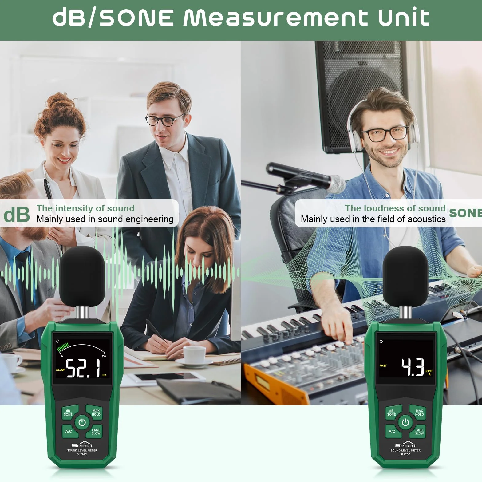 SQECH Miernik Poziomu Dźwięku 30-130dB z Kolorowym Ekranem, Ważenie A/C, dB/SONE, FAST/SLOW