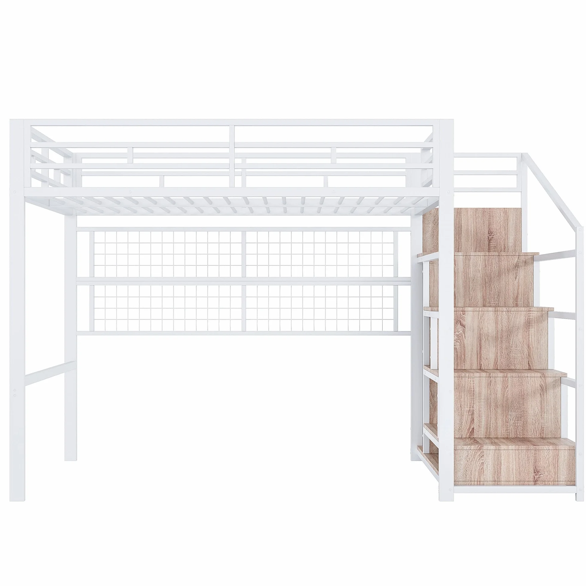 Dolamaní Łóżko piętrowe dla dorosłych, 140 x 200 cm, metalowa rama łóżka, metalowe łóżko z diodami LED, miejsce do przechowywania, ochrona schodów, kratka do zawieszenia przedmiotów, nośność 150 kg