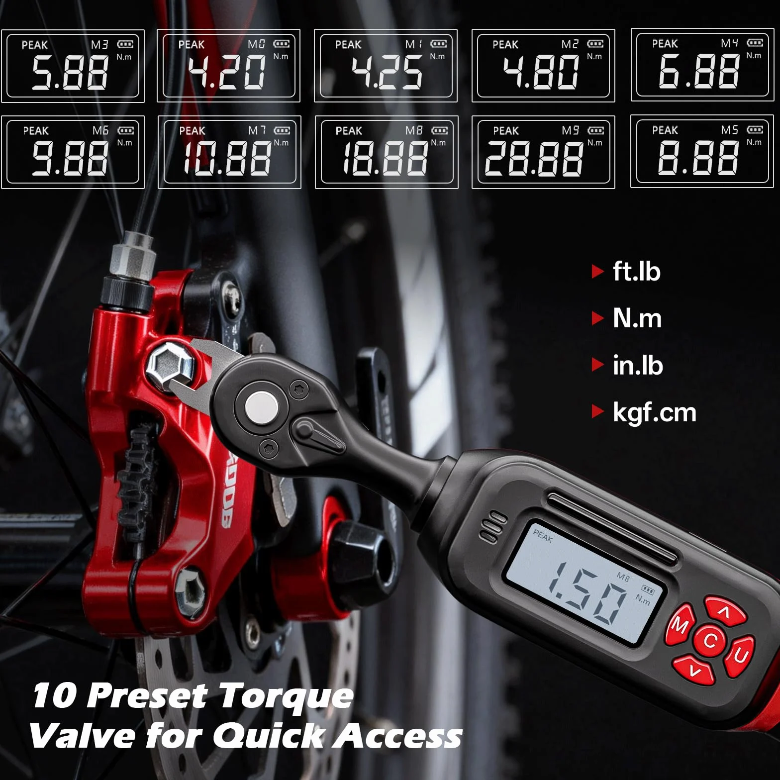 Cyfrowy klucz dynamometryczny 1/4" 1,5–30 Nm do rowerów MTB i szosowych 15 sztuk